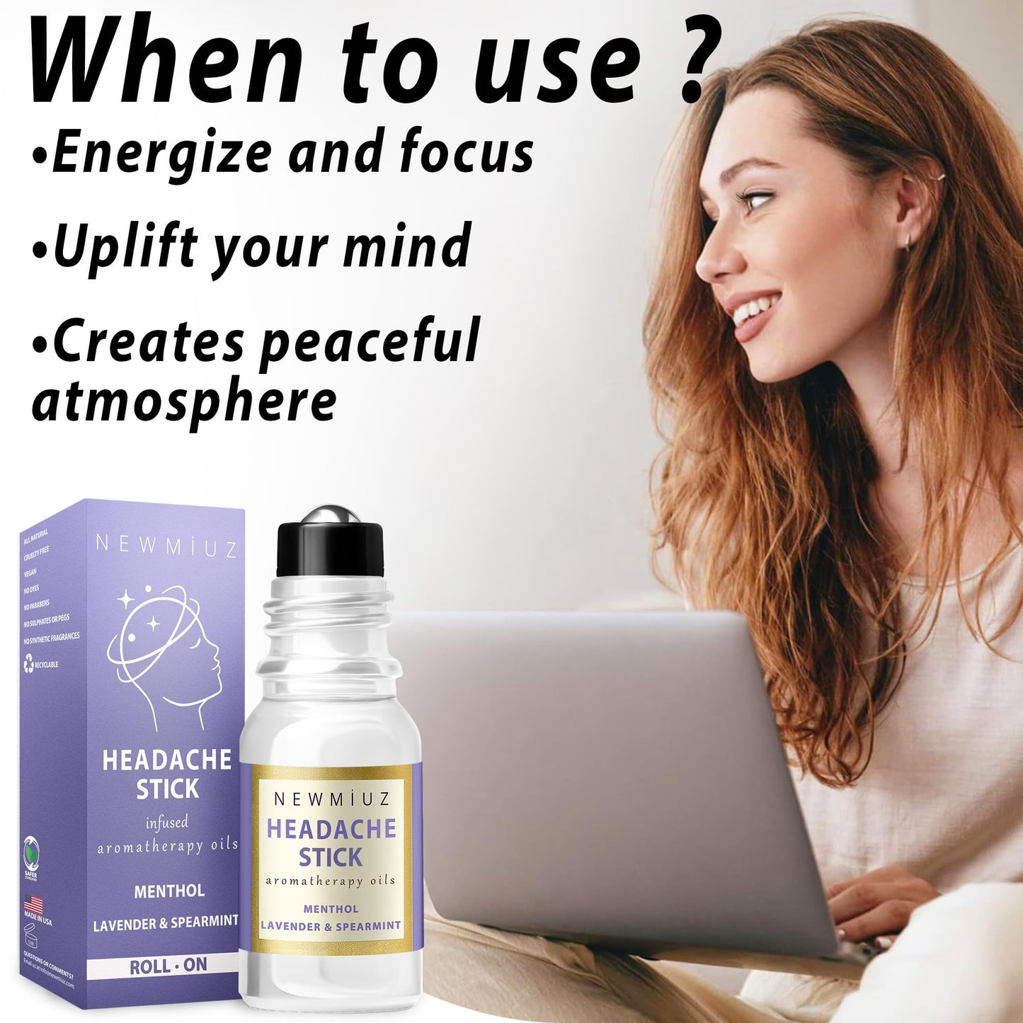 Migraine Roll On Stick - Menthol Fast Cooling Comfort for Your Headache Tension. Aromatherapy Essential Oils Blend Peppermint Lavender Spearmint. Self Care Calming Gift for Women Men. Made in USA