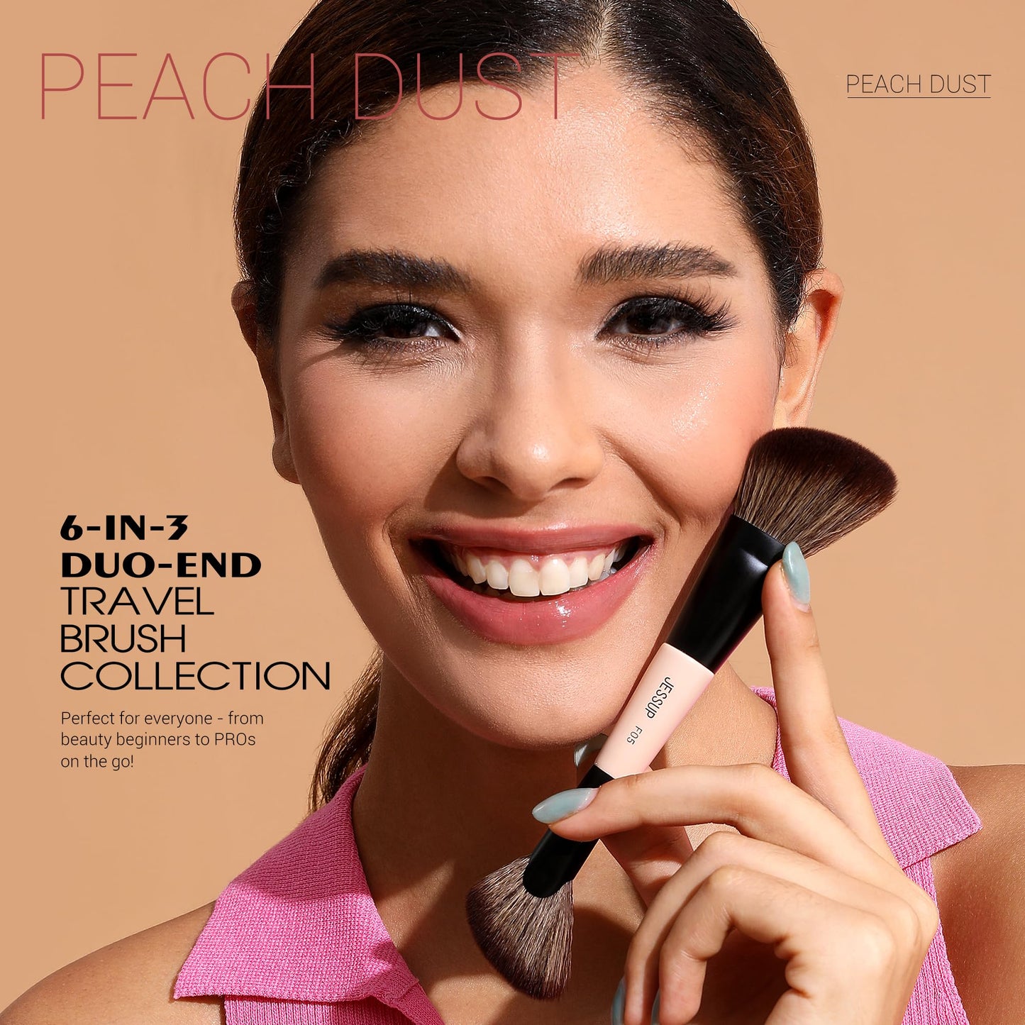 Jessup Travel Makeup Brushes Set 3pcs, Double Sided Contour Brush Dual Ended Eye Shadow Shader Eyeliner Brush, Multi-functional Makeup Set Peach Dust T507