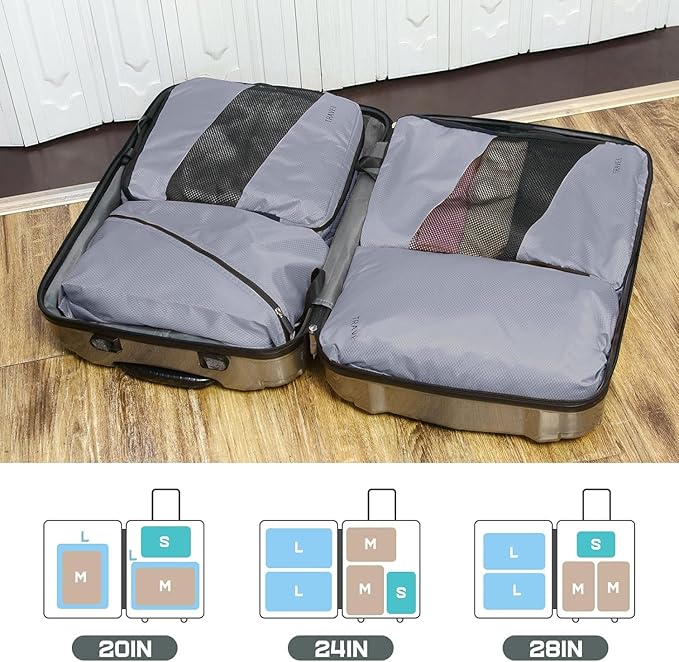 Compression Packing Cubes for Travel, Space Saving Vacation Travel Essentials, Accessories for Suitcase Organizer Bags Set, Durable Luggage Organizer Bags (grey)