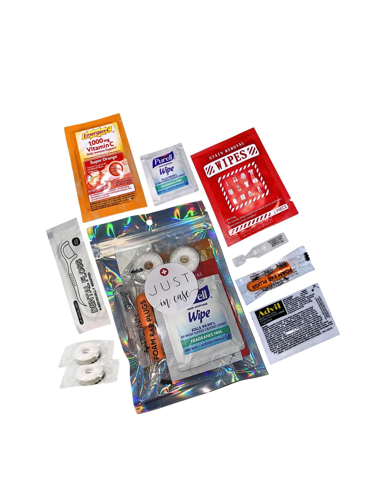 Travel Kit – Pre-Packed TSA-Approved Bag | Compact Goodie with Pain Relief, Stain Remover Wipe, Ear Plugs, Vitamin C, Eye Drops & Mints for Flights, Road Trips & Vacations