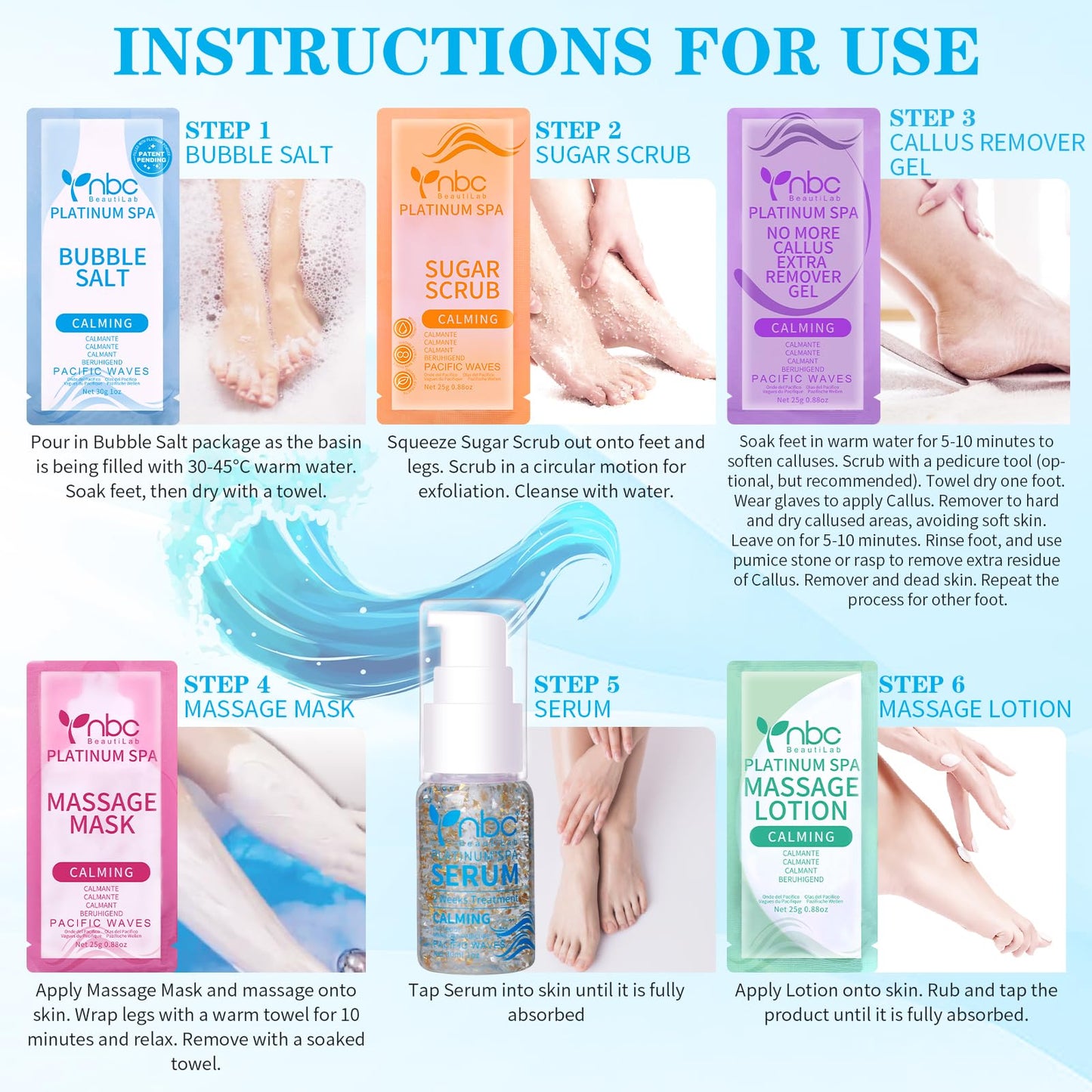 nbc BeautiLab Pedicure Foot Soak Set - Upgraded 6 in 1 Foot Spa, Foot Bath Spa, Pedicure Kit, Foot Soak for Tired & Dry Cracked Feet, Athletes Feet and Calluses (Pacific Waves)