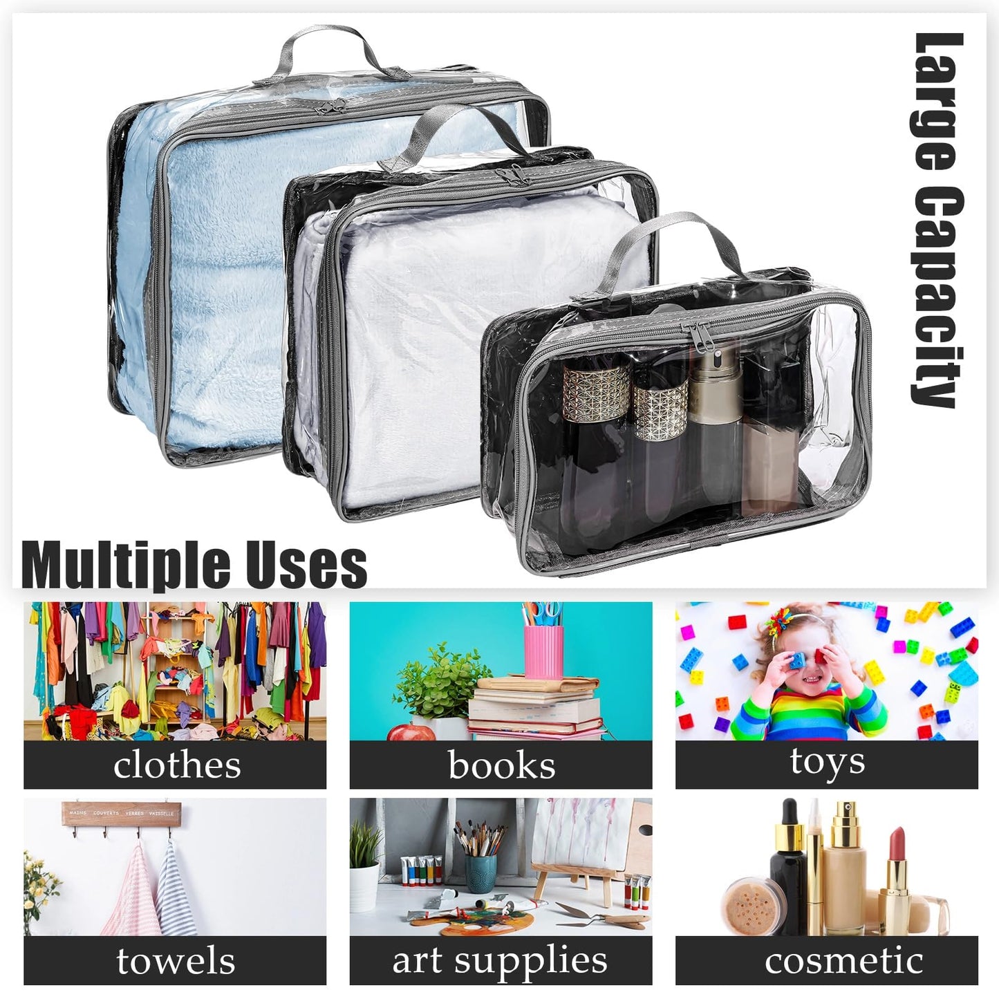 Hillban 6 Pcs Gray Large Clear Travel Packing Cube 3 Sizes See-through PVC Organizer for Suitcase Multipurpose Pouch with Handle Vinyl Zippered Storage Bags Luggage Cube Organizer