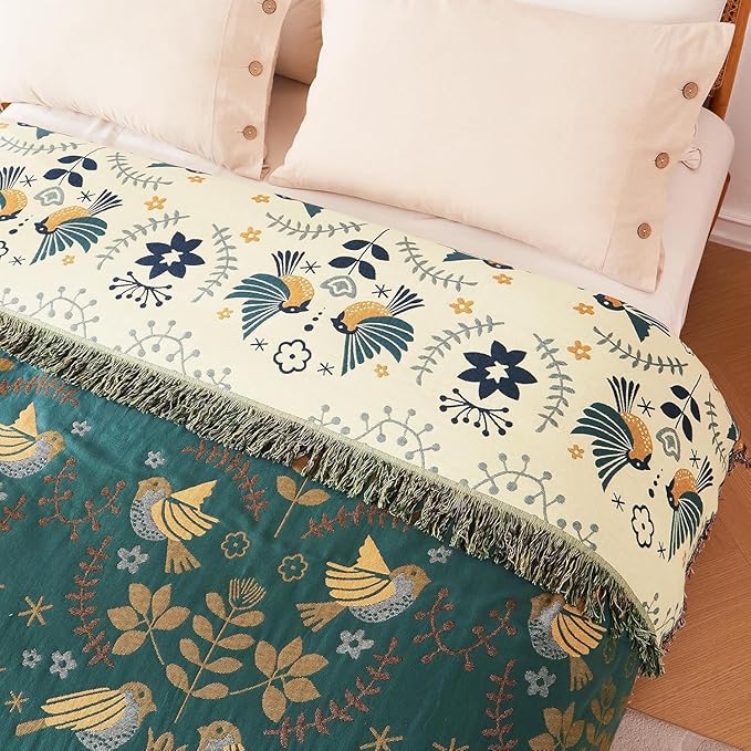 King Throw Blanket for Bed 100% Cotton Boho Ultra Soft Rustic Quilt Birds and Floral Double Embroider Fall King Bed Blanket,90"×108" All Season Blankets for Bedding Couch