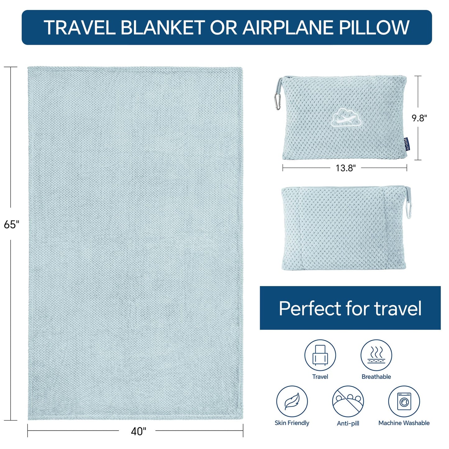 BEDELITE Travel Blanket with Bag, Ultra-Soft Jacquard Fleece Blanket with Luggage Sleeve & Backpack Clip, Airplane Blanket Travel Essentials, Blue