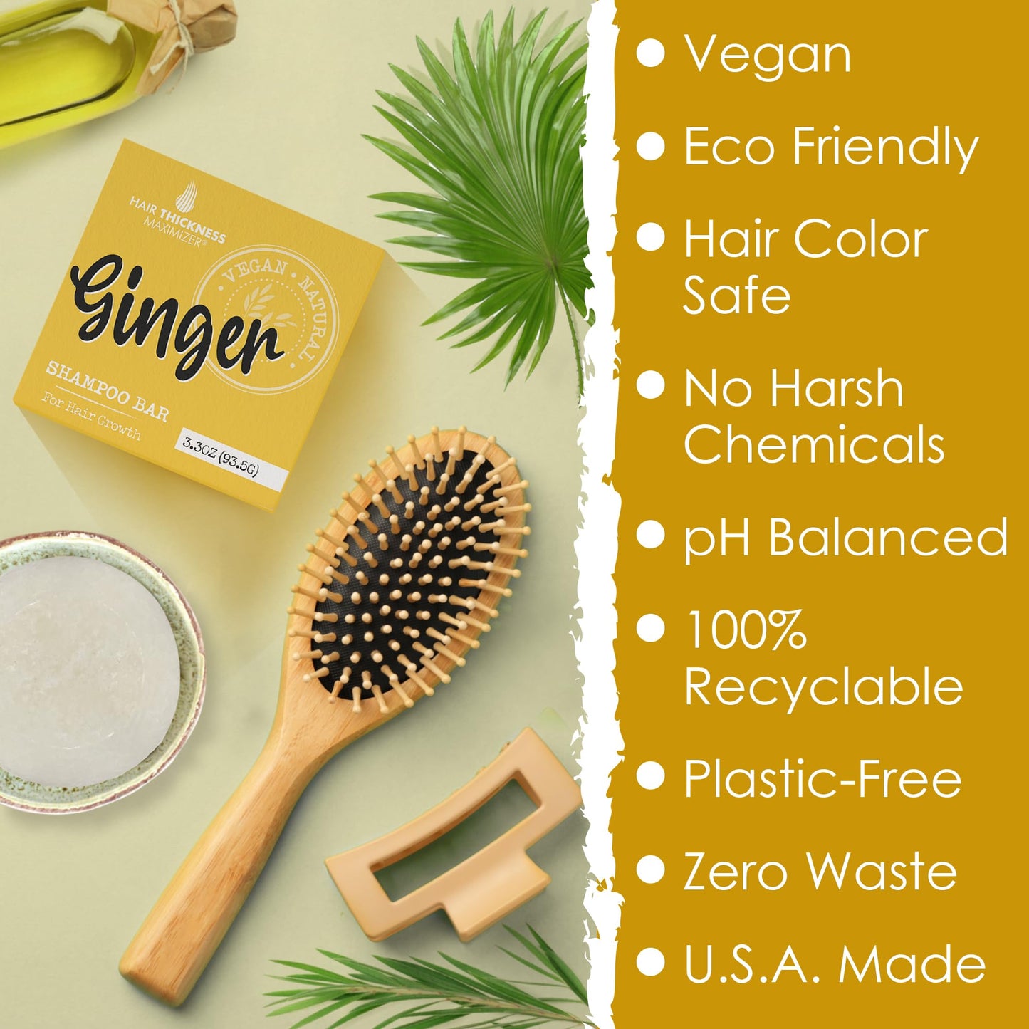 Ginger Shampoo Bar for Hair Growth, Strengthening. Ginger Oil, Rice Protein, Organic Shea Butter. Eco Friendly, Vegan. Color Safe, pH Balanced. No Harsh Chemicals. Higher Concentration vs. Liquid