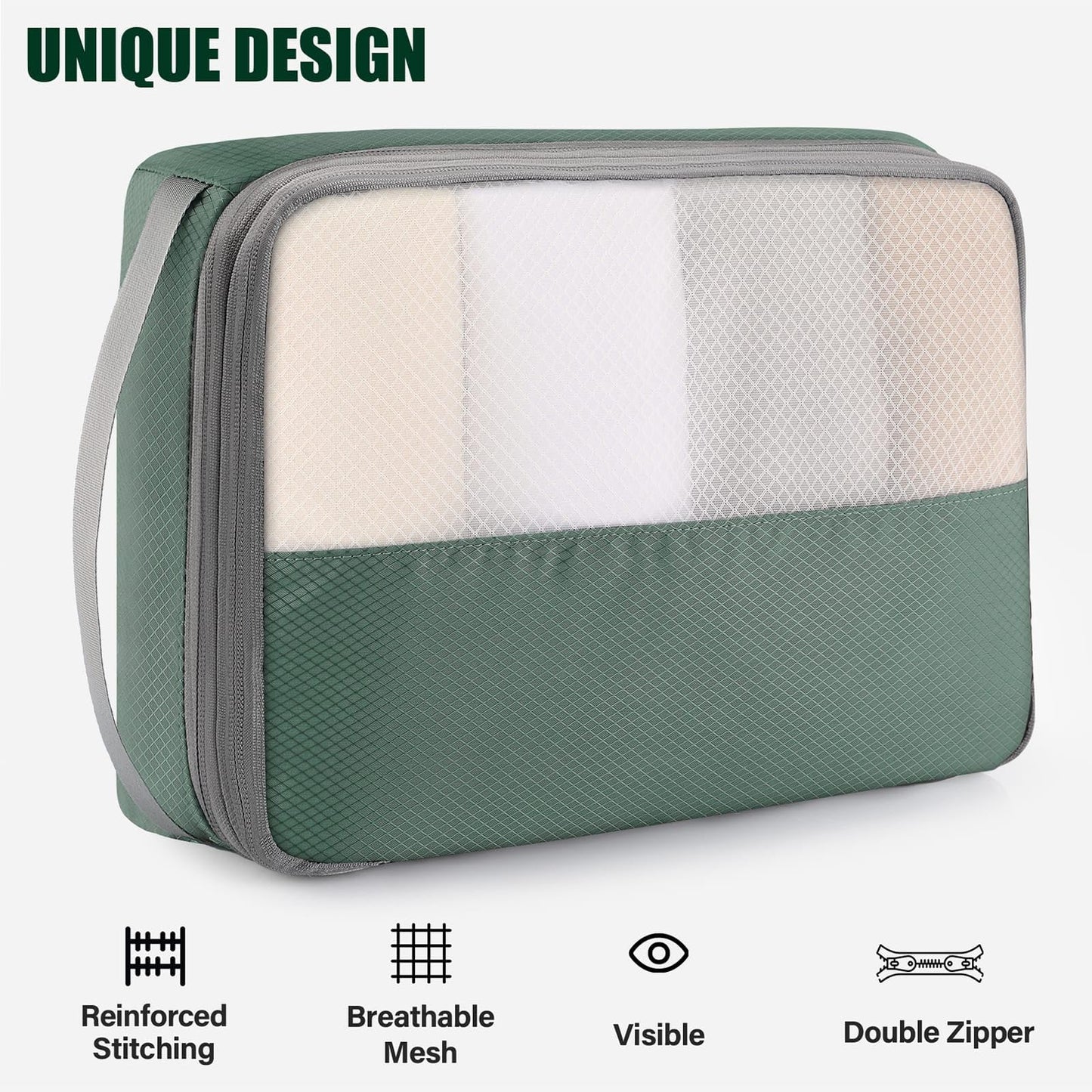 Kookoomia 6 Set Compression Packing Cubes for Travel, Bonus Versatile Drawstring Backpack, Lightweight Luggage Organizer Bags, Sturdy Travel Accessories for Suitcase, Dark Green