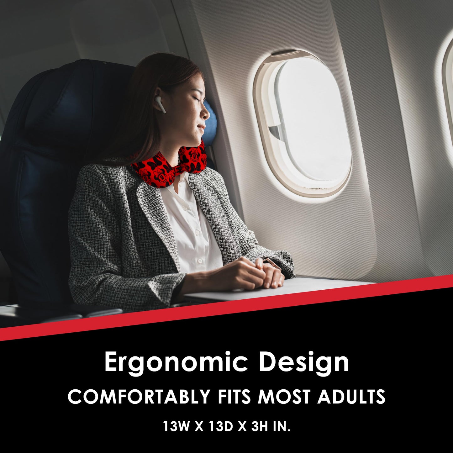 Disney Minnie Mouse Travel Neck Pillow for Airplane, Car and Office Comfortable and Breathable, Red/Black