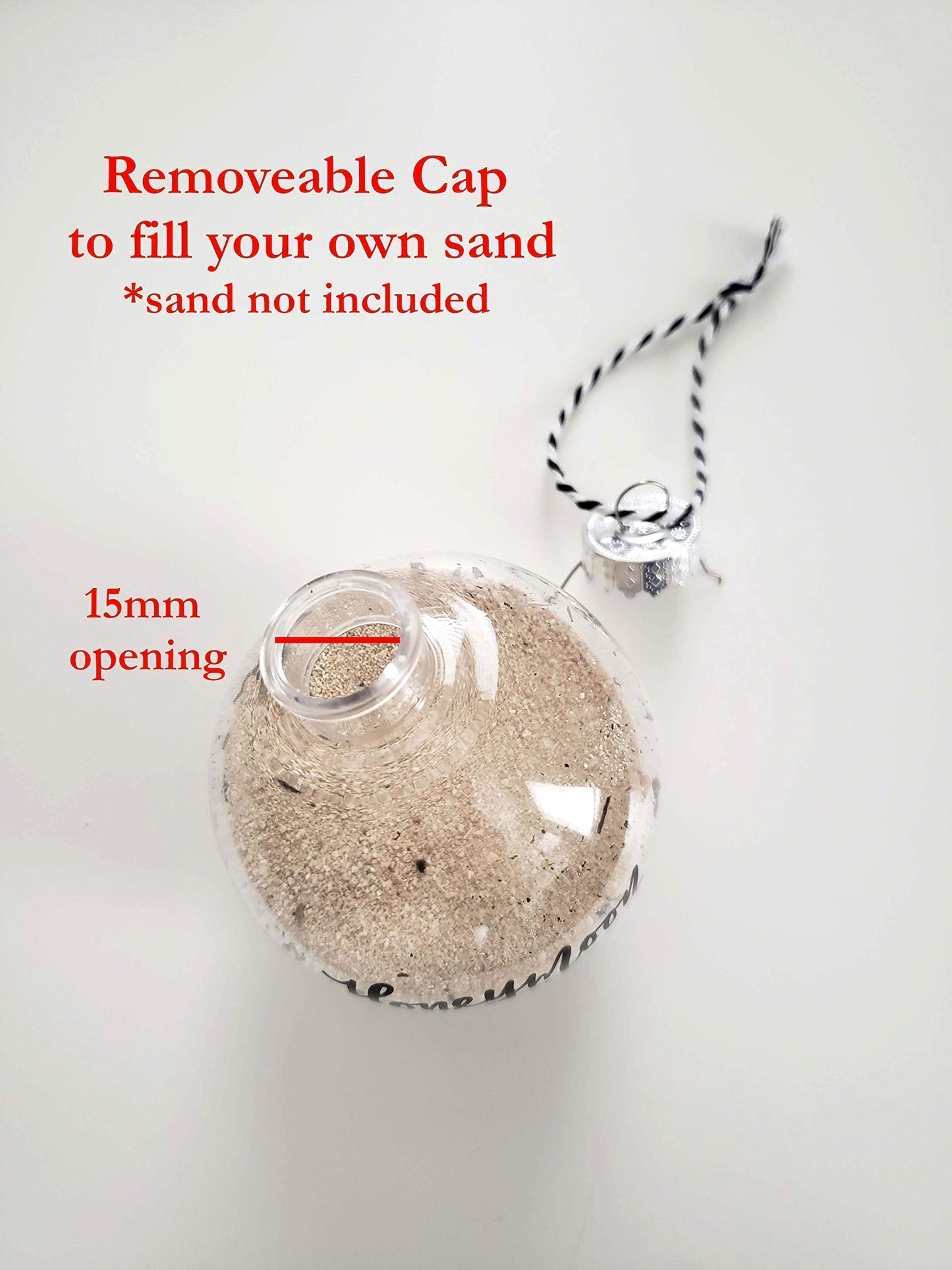 Hand Lettered Honeymoon Sand Christmas Ornament, Travel Gift for Bridal Shower - 2.5 inch Diameter, Plastic & Shatterproof