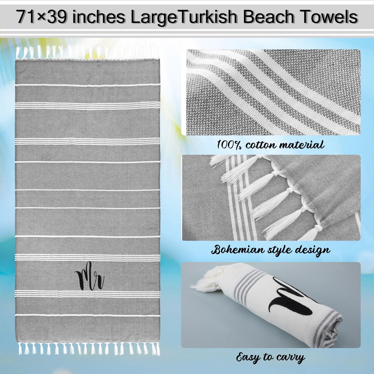 Preboun 2 Pcs Mr and Mrs Turkish Beach Towels Decorative Mr and Mrs Gift Embroidery Stripe Turkish Beach Towels for Honeymoon Newlywed Couple Wedding Gift 71 * 39 inch(Grey, White)