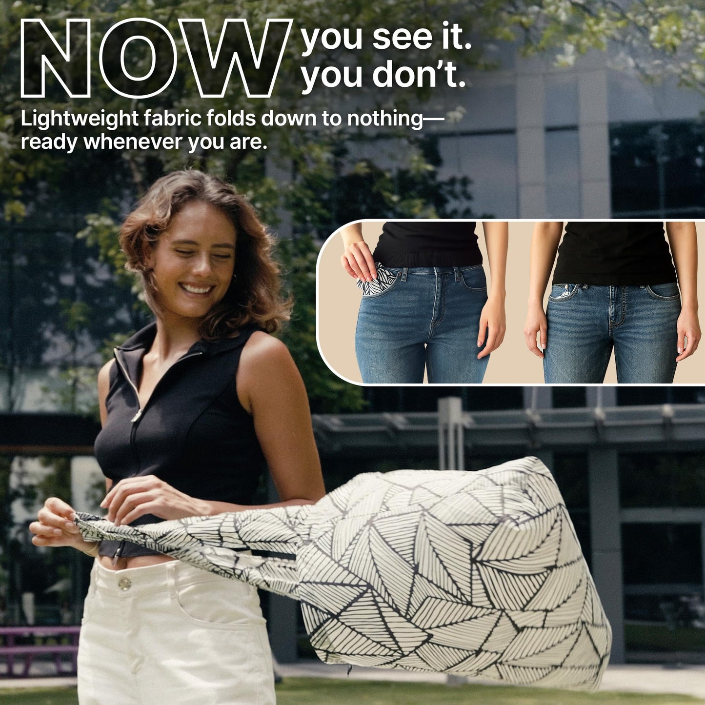 Nanobag Ultra-Lightweight Standard Size Tote Bag for Women & Men, Heavy Duty Reusable Grocery Bag, Foldable Travel Shopping Tote, Packable Cloth Bag with Handles, Washable Market Tote (Black)