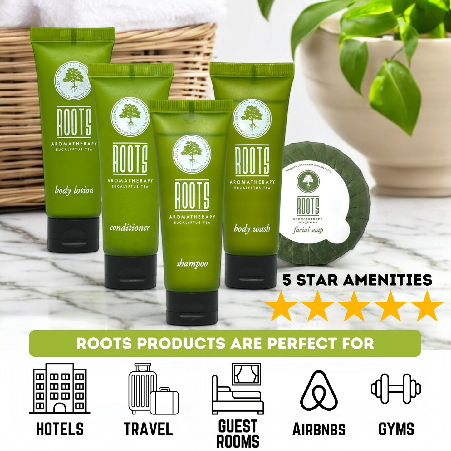 ROOTS AROMATHERAPY Hotel Shampoo and Conditioner Supplies For Guests,Airbnb Essentials for Hosts,Mini Shampoo And Conditioner Sets,Travel Size Toiletries,Air Bnb Kit For Bathroom Wash Lotion,(150 Pcs)