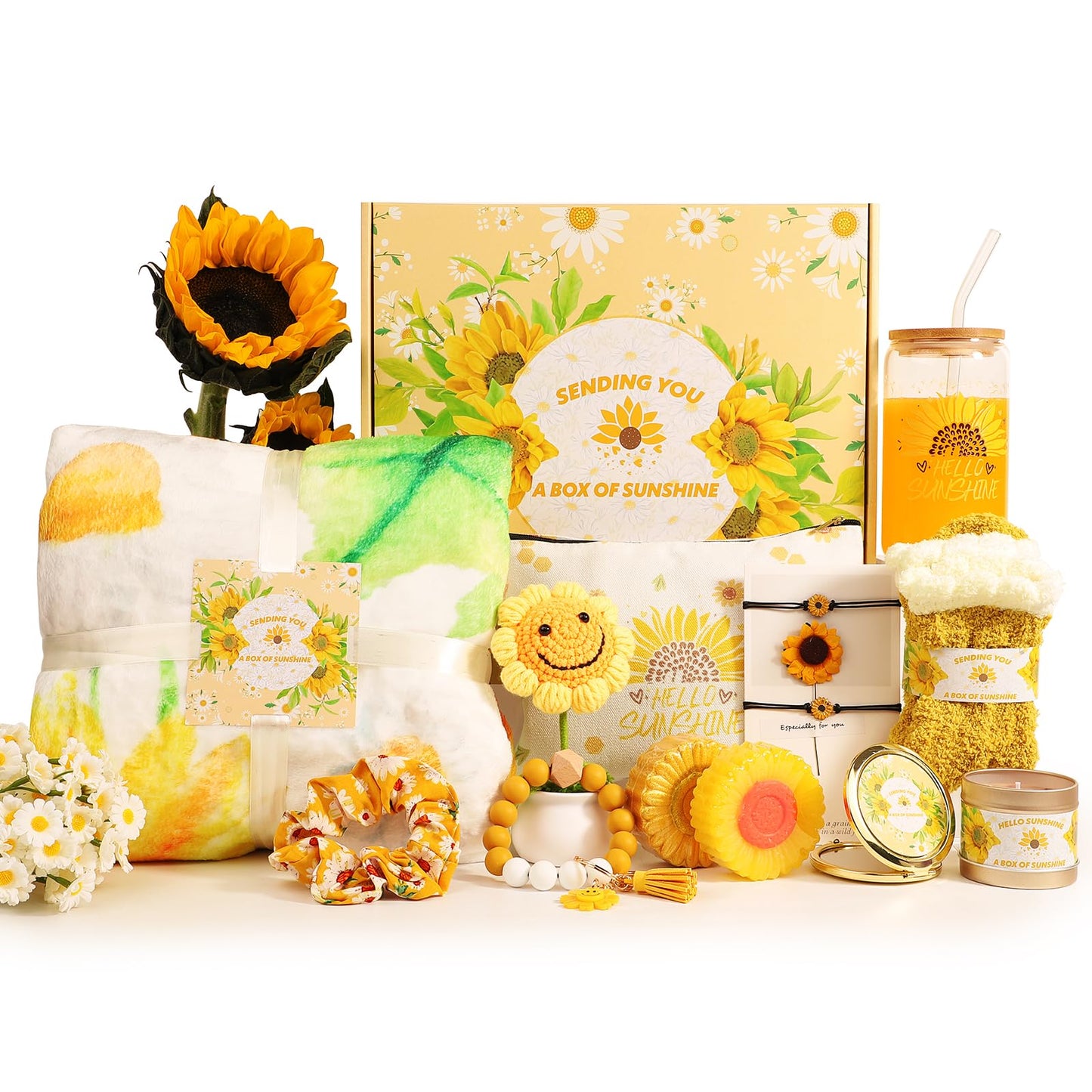 Sunflower Gifts for Women, Get Well Soon Gift Basket for Women,15pc Care Package Feel Better Gift, Surgery Wellness Kit, Thinking of You Sunshine Birthday Box for Her Mom Friend Coworkers Teacher Wife