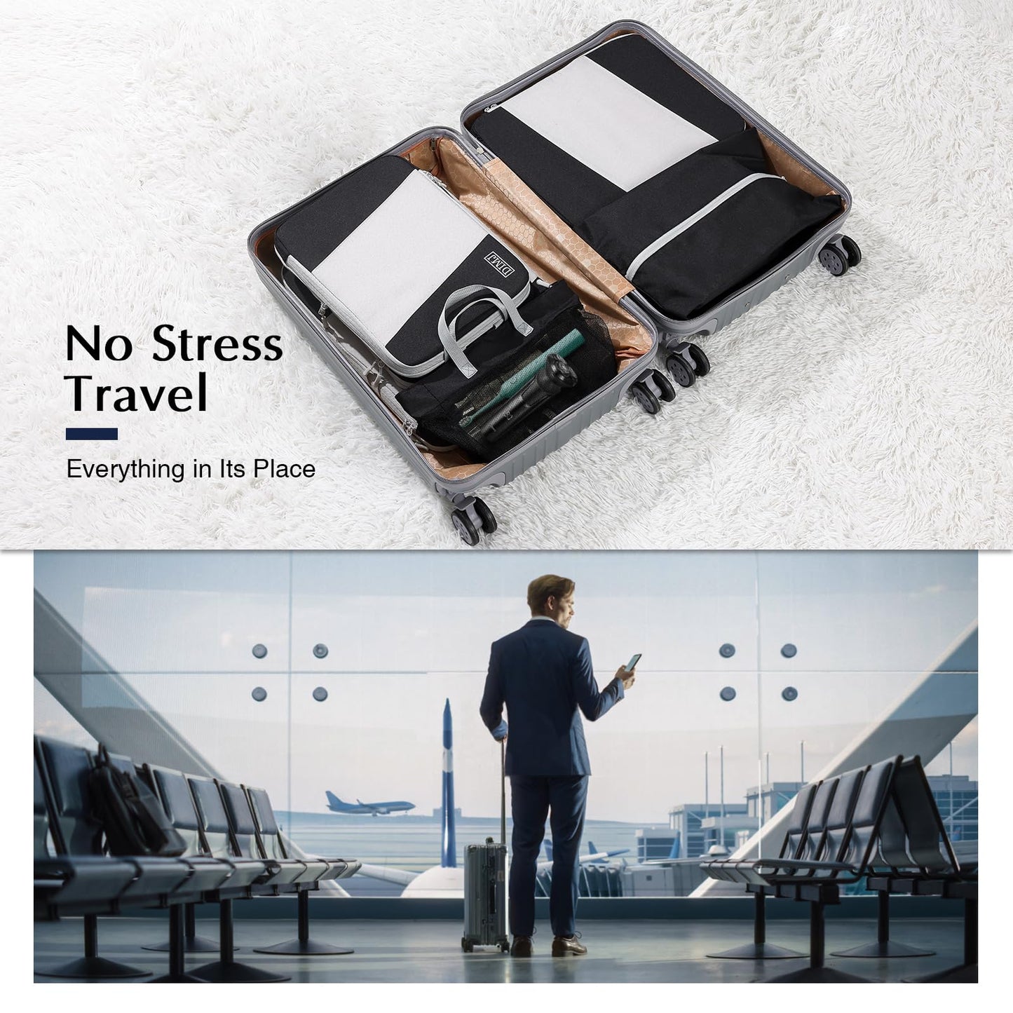 Packing Cubes for Travel, DIMJ Large Capacity Compression Packing Cubes Sturdy Compression Packing Cubes Travel, Packing Cubes for Suitcases with Mesh Toiletry Bag, 8 Pack, White and Black, YSYLZ001