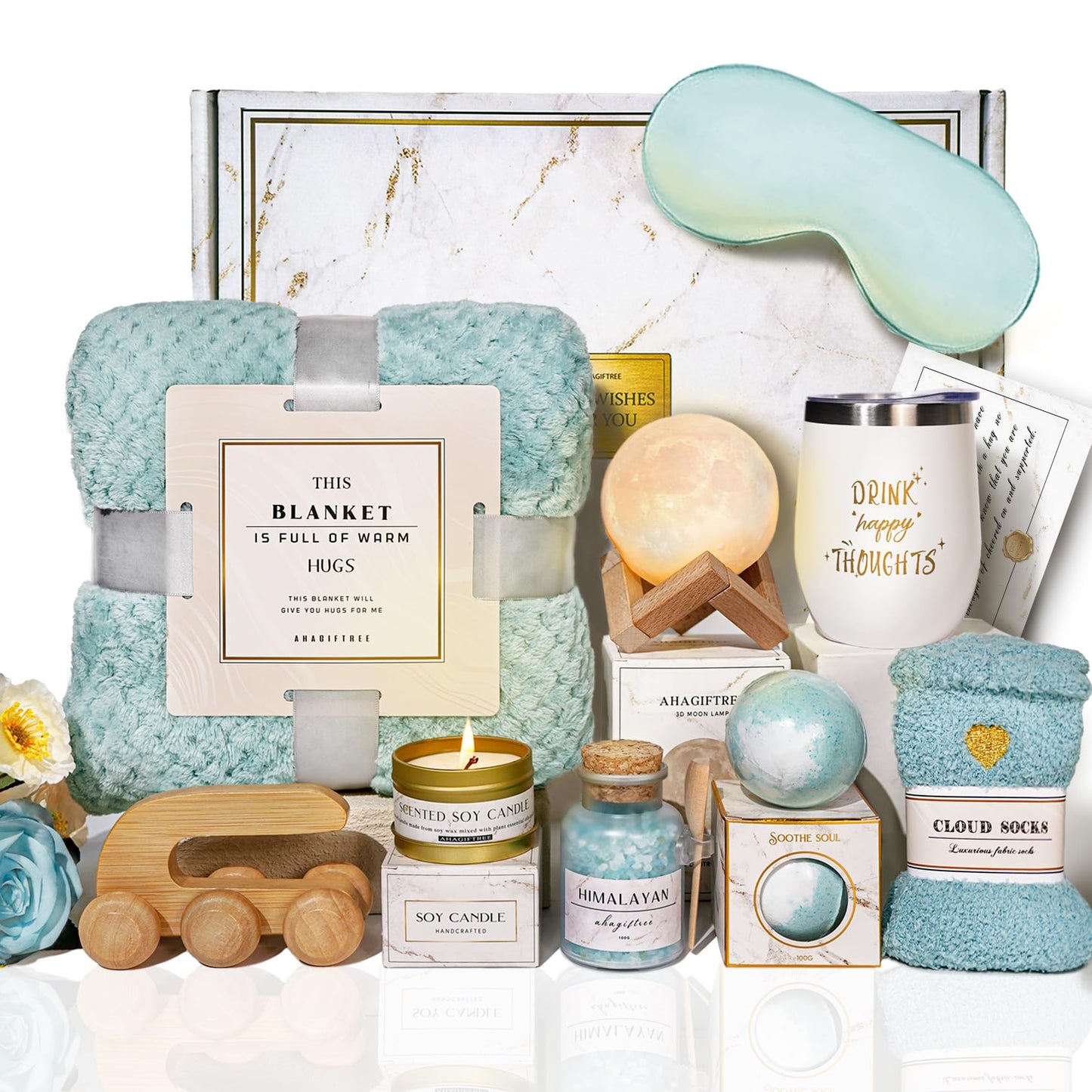 Birthday Gifts for Women Self Care Gifts Get Well Soon Gifts Baskets for Women After Surgery with moon lamp, 11PC Spa,Thinking of You Gift, Care Package for Mom Friend (turquoise)