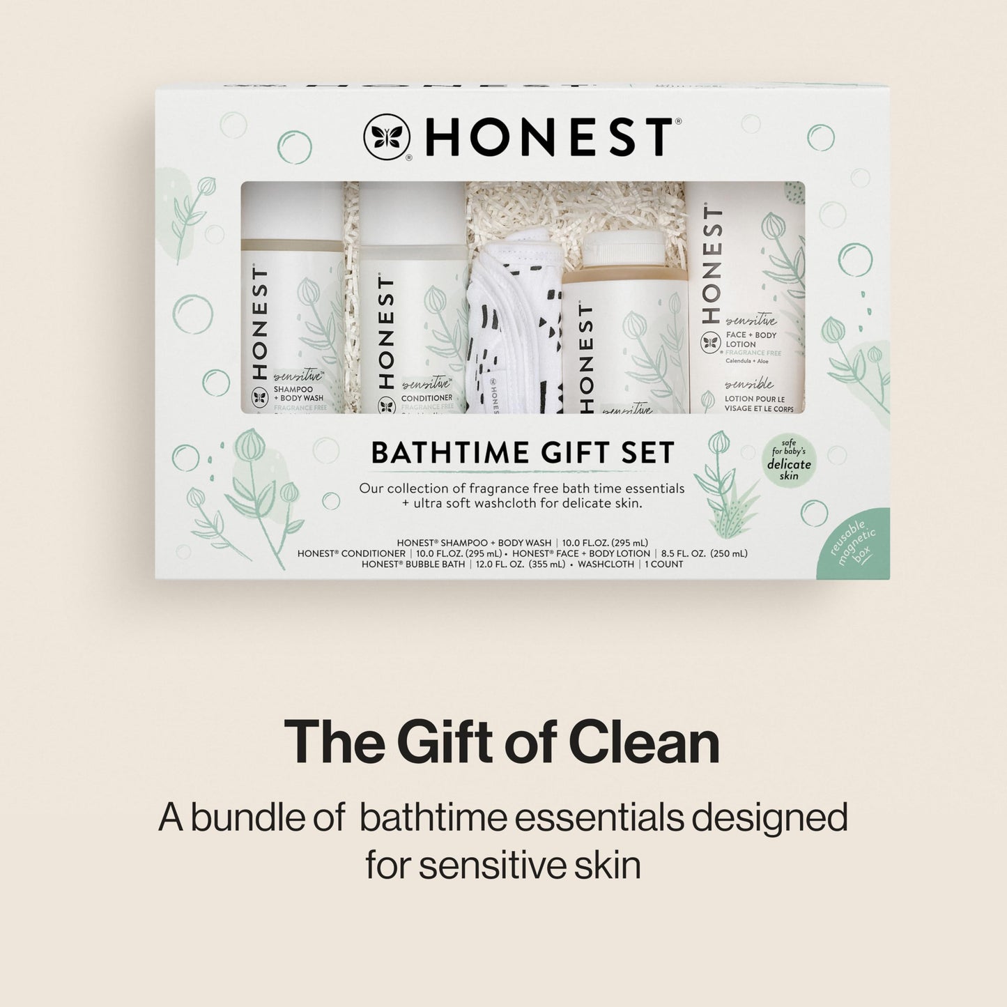 The Honest Company Fragrance Free Bathtime Gift Set | Hypoallergenic Bath Essentials for Sensitive Skin | Shampoo + Body Wash, Face + Body Lotion, Bubble Bath, Conditioner, Wash Cloth