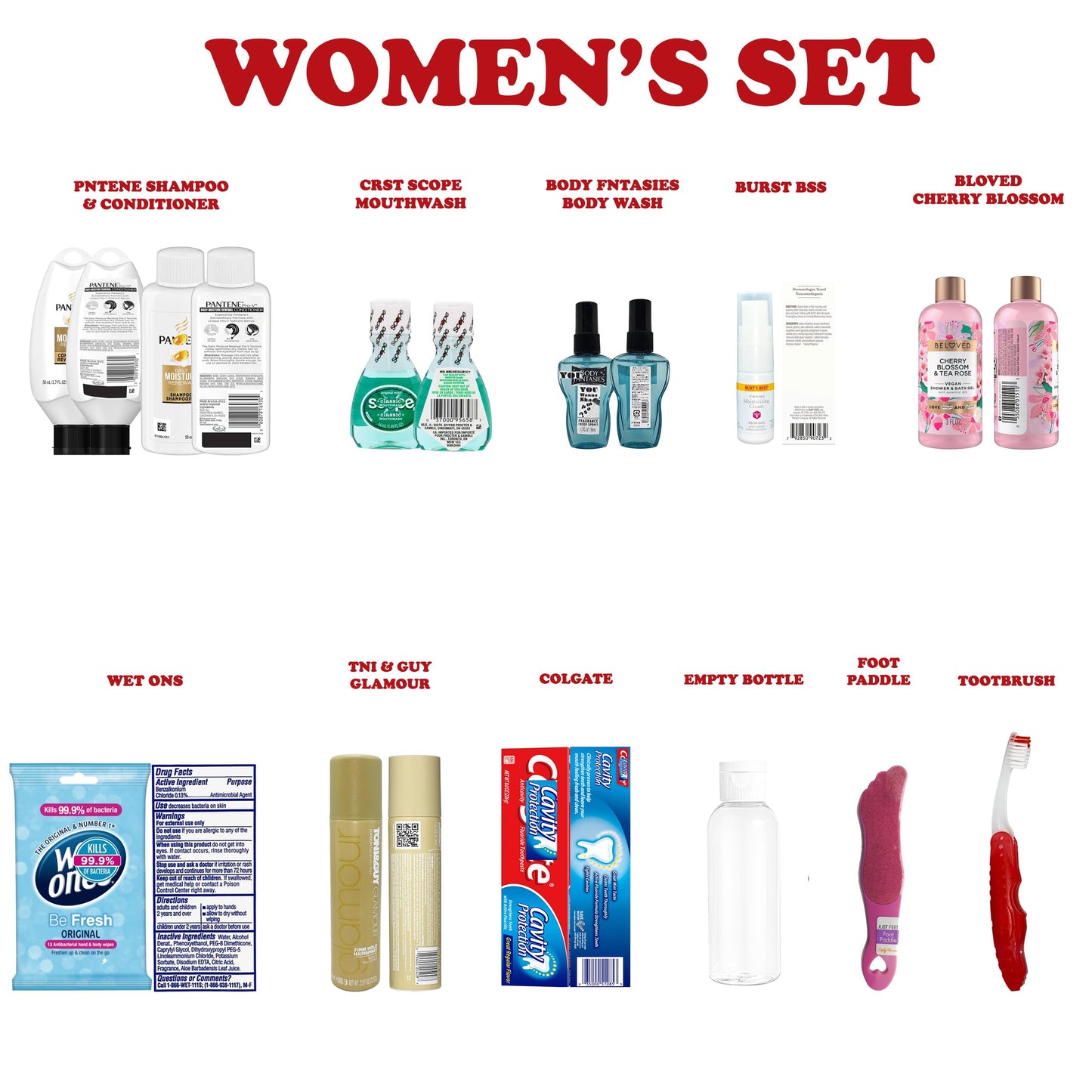 Womens Travel Toiletry Kit, 10 Travel-Size Hygiene Essentials for Bath, Shaving, Personal Care in TSA-Compliant Transparent Bag, Mini Toiletries Kit for Business, Charity, Womens Gift