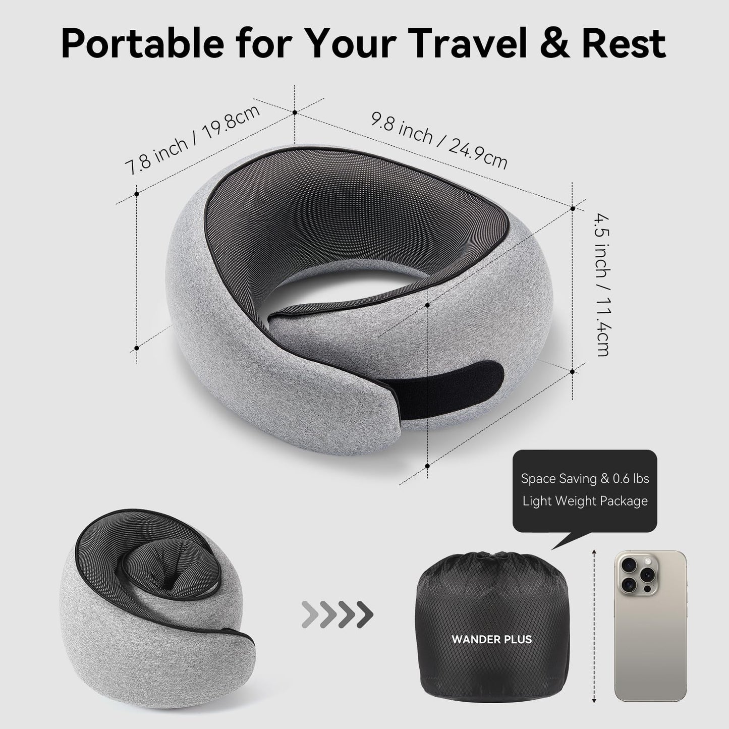WANDER PLUS® Travel Pillow, 100% Pure Memory Foam Travel Neck Pillow Airplane Neck Support Ergonomic Design Best for Sleeping Plane Car Train Office Flight for Adults Grey