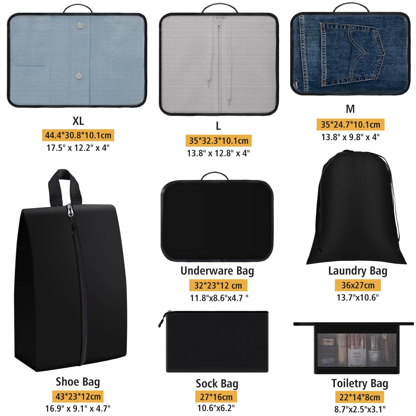 Geekclick 8 Set Packing Cubes for Travel Essentials, Organizers for Suitcase and Luggage in 4 Sizes, Luggage Organizer with Toiletries/Laundry/Shoes/Sock Bags (Black)