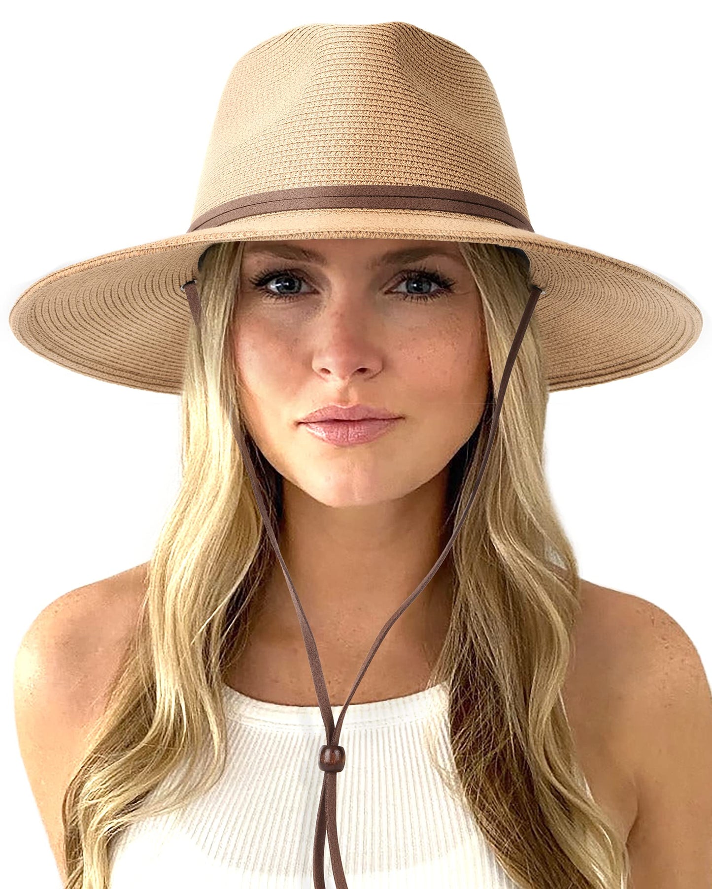 FURTALK Womens Summer Straw Sun Hats Wide Brim Panama Fedora Beach Hat with Wind Lanyard UPF 80+ Khaki