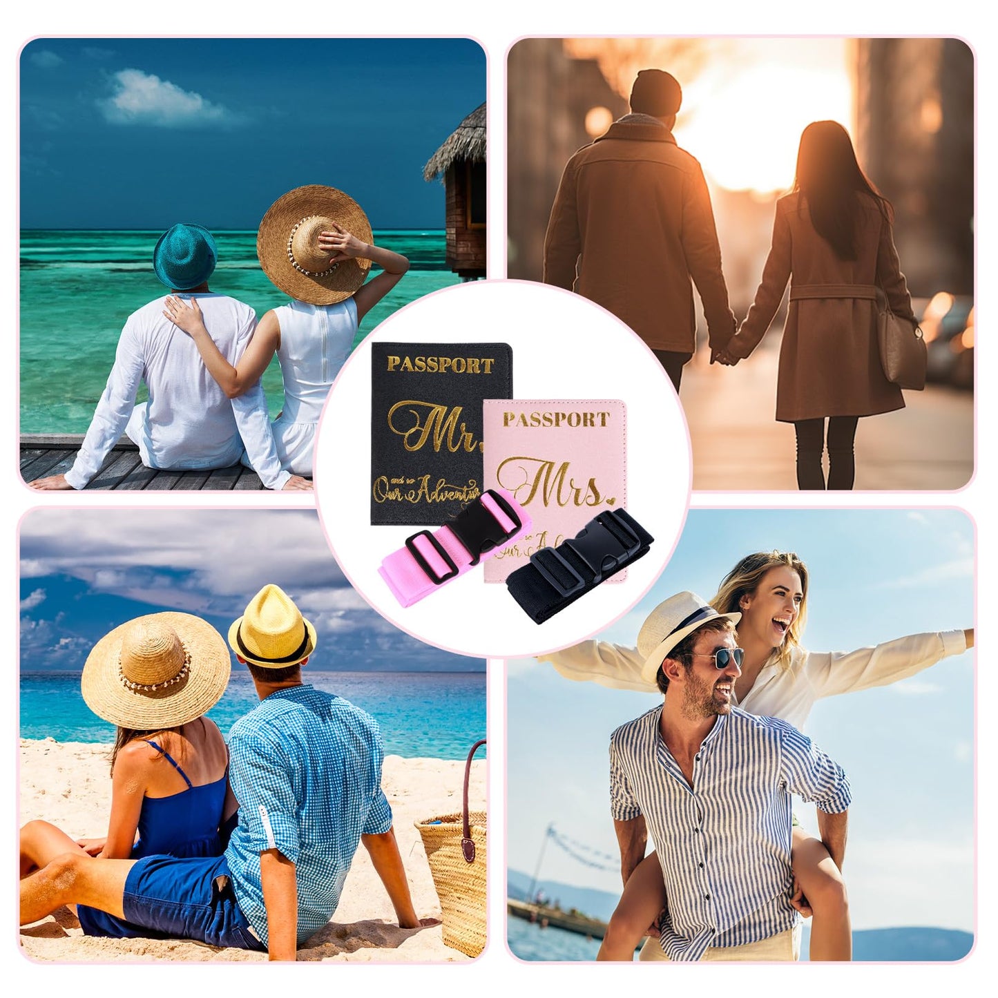 Mr and Mrs Luggage Straps for Suitcases with Matching Passport Holders, Honeymoon Wedding Travel Gift Set for Couples, Bridal Shower Gifts, Newlyweds, Bride, Valentine's Day (Black & Pink)