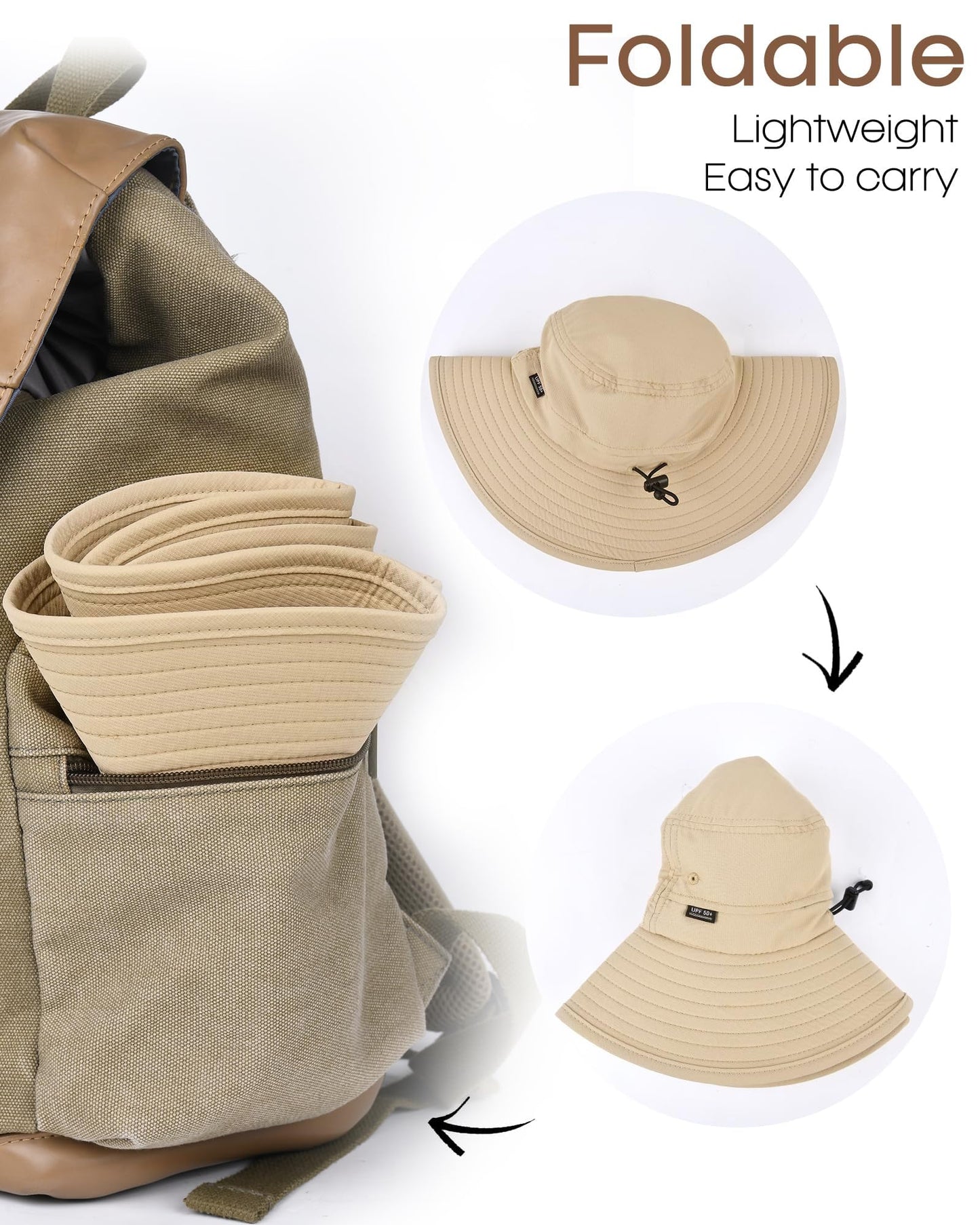 FURTALK Sun Hats for Men Women Packable Wide Brim Summer UV Protective Bucket Hat UPF 50+ Hat for Fishing Hiking Khaki