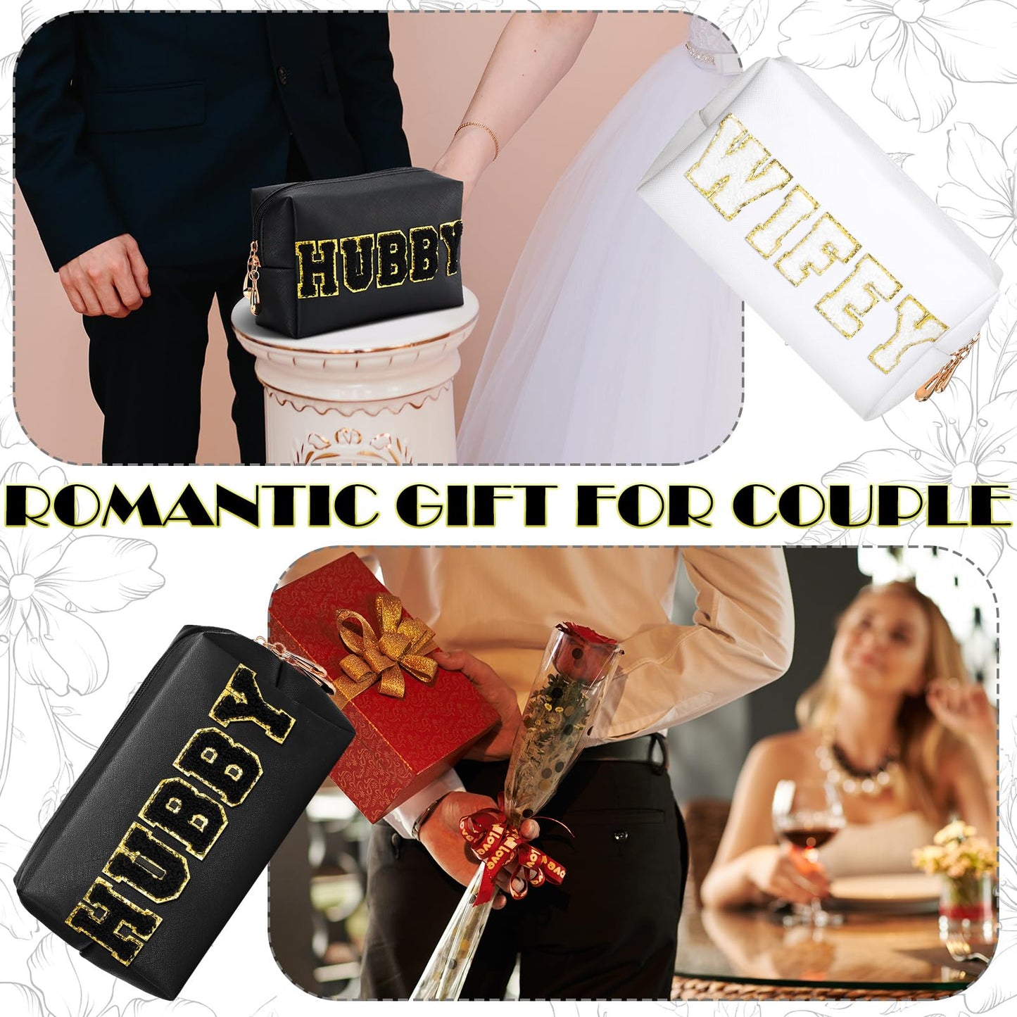 Pinkunn 2 Pcs Wifey Hubby Makeup Bag Bride Patch Cosmetic Bag Mrs Travel Toiletry Purse White Letter PU Leather Waterproof Pouch Wedding Bridal Shower Honeymoon Gift for Women Party Organizer