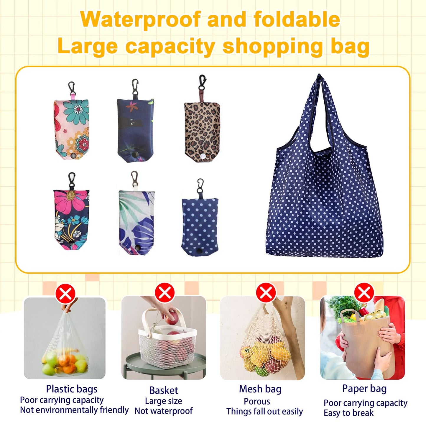 PENGJINYU 6 Pcs Reusable Shopping Bags Foldable,Grocery Bags in Pocket,Waterproof and Machine Washable,Eco-friendly Travel Recycle Polyester Tote Bags for Daily Shopping Supplies load