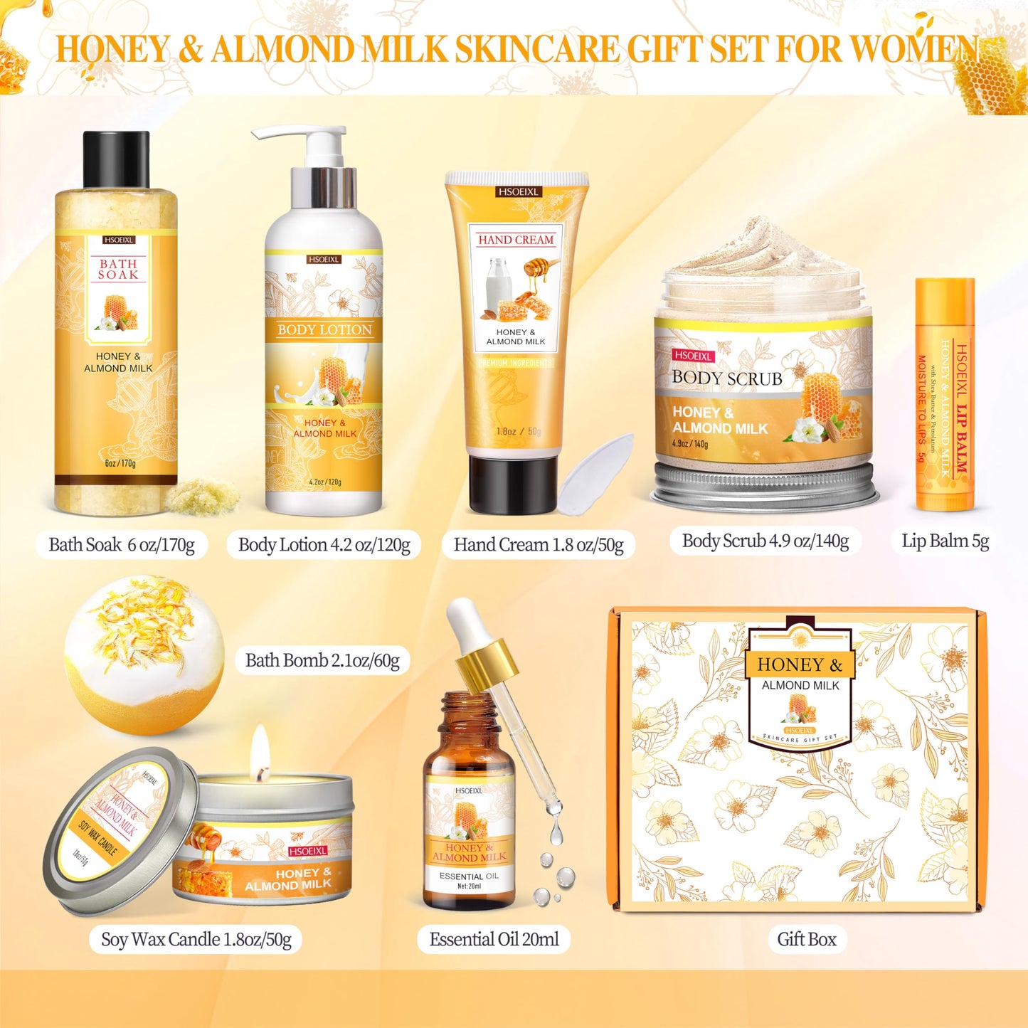 Gifts for Women, Birthday Gifts for Women, 9 Pc Almond Milk & Honey Bath and Body Gifts Set, Self Care Gifts Spa Gifts Basket, Relaxing Bath Sets for Mom, Girlfriend, Sister, Female Friends, Coworker