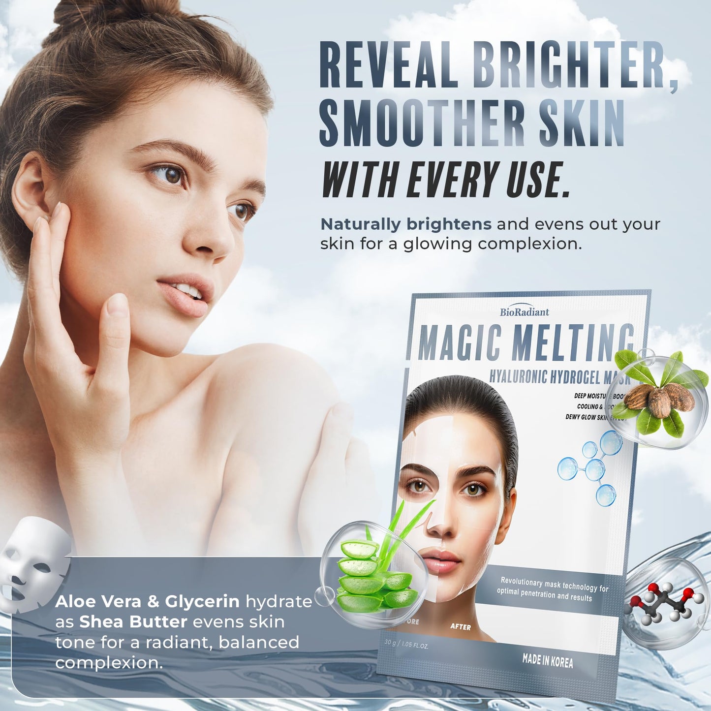 Bio Radiant Magic Melting Overnight Face Mask - Hyaluronic Acid Ultra Hydrating Hydrogel Mask - Cooling & Soothing - Rejuvenating Facial Mask w/Dewy Skin Effect - Clean Beauty Made in Korea - 6 Pack