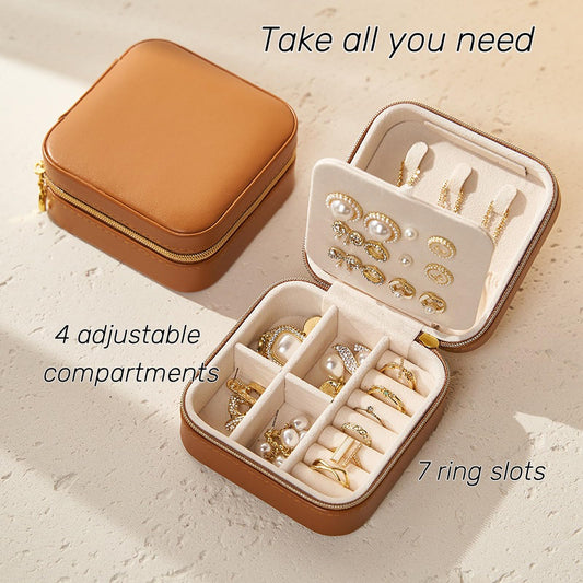 Travel Jewelry Box, PU Leather Small Jewelry Organizer for Women Girls, Portable Mini Travel Case Display Storage Holder Boxes for Stud Earrings, Rings, Necklaces (Brown)
