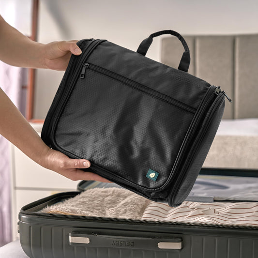 PAVILIA Large Hanging Toiletry Bag Travel Bag Women Men, Cosmetic Organizer, Water Resistant Makeup Bag Accessories Toiletries, Travel Essentials Kit, Black