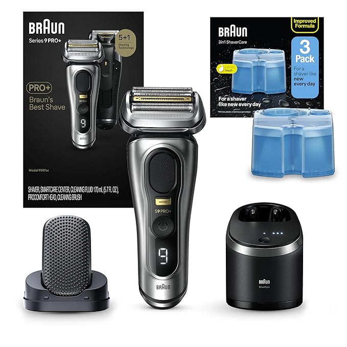 Braun Series 9 PRO+ Electric Razor for Men, 5 Pro Shaving Elements and Shave-Preparing ProComfort Head for Closeness, 6in1 SmartCare Center, Wet or Dry Use, 9597cc, 3ct Clean and Renew Cartridge