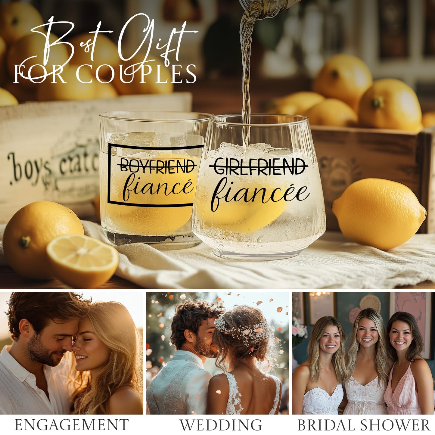 Cyrelwing Engagement Gift Set - 4 Pcs Newly Engaged Gifts for Couple, Bride, Fiance - Party Gifts With Wine Bag and Diamond Wine Stopper