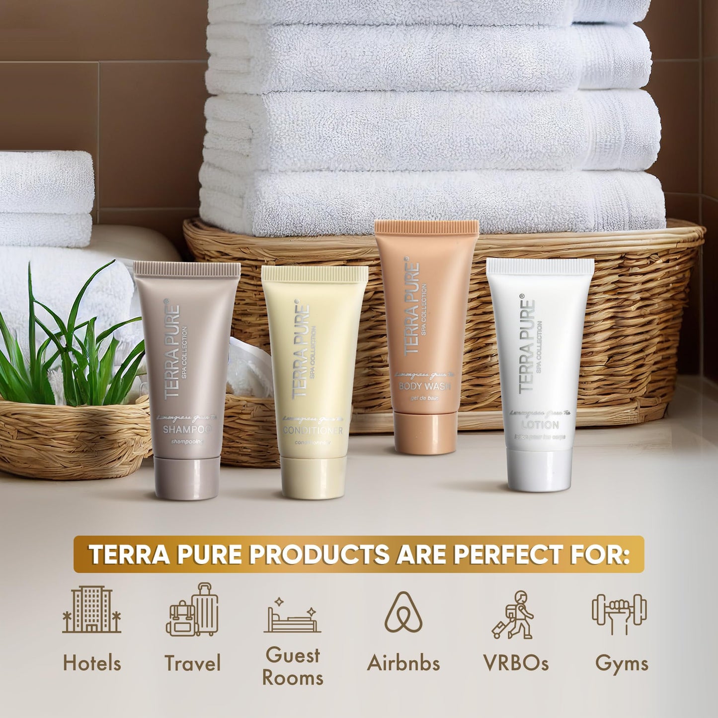 Terra Pure Spa Collection Bulk Set Toiletries | 1-Shoppe Amenities Kit for Hotels & Vacation Rentals | 0.85 oz Shampoo, Conditioner, Body Wash & Lotion | 80 Pieces