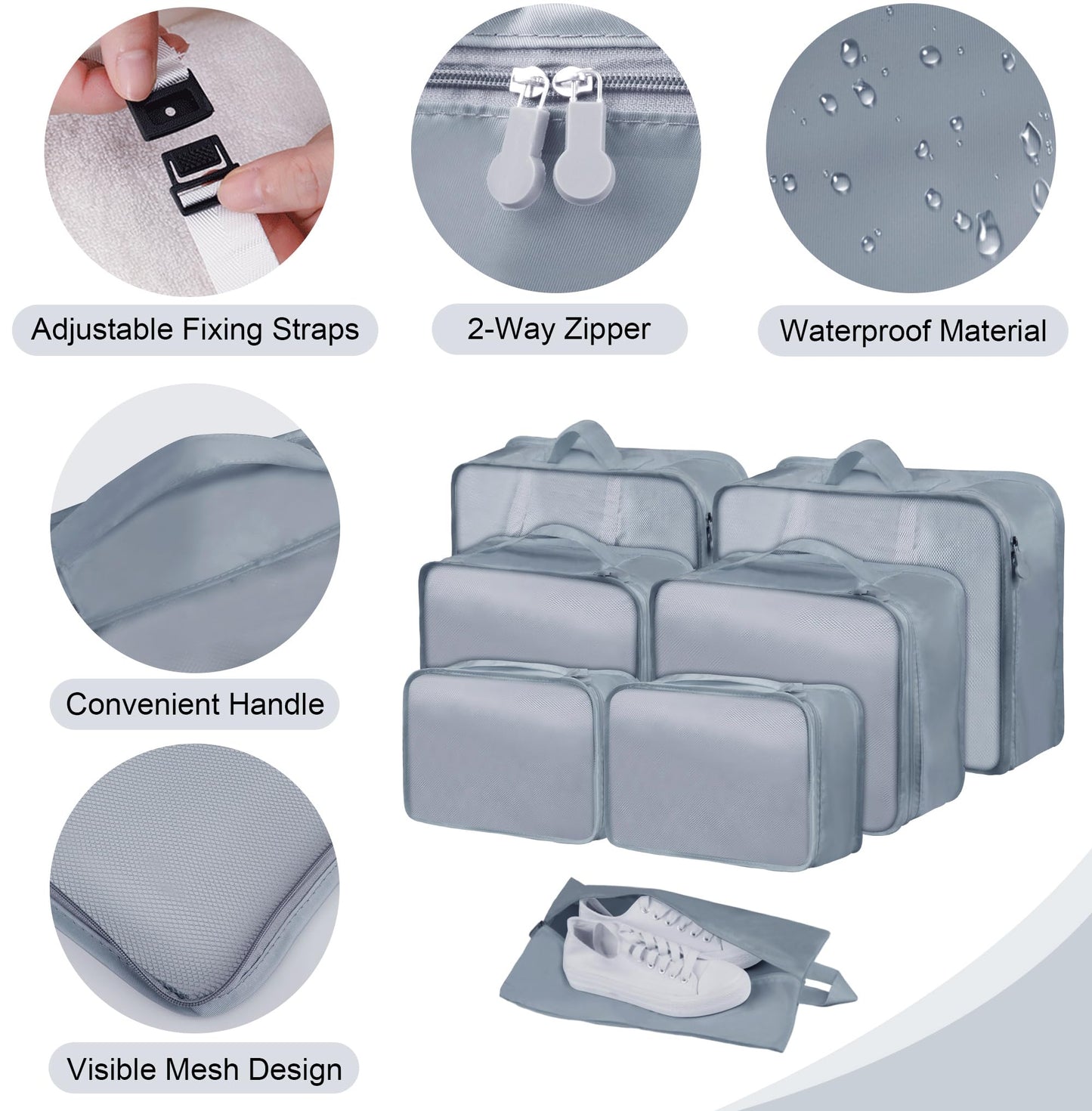 Ebbniur Packing Cubes 7 Pcs Travel Packing Cubes for Suitcases Large Capacity Travel Luggage Organizer Bags for Carry-on Luggage (Grey)