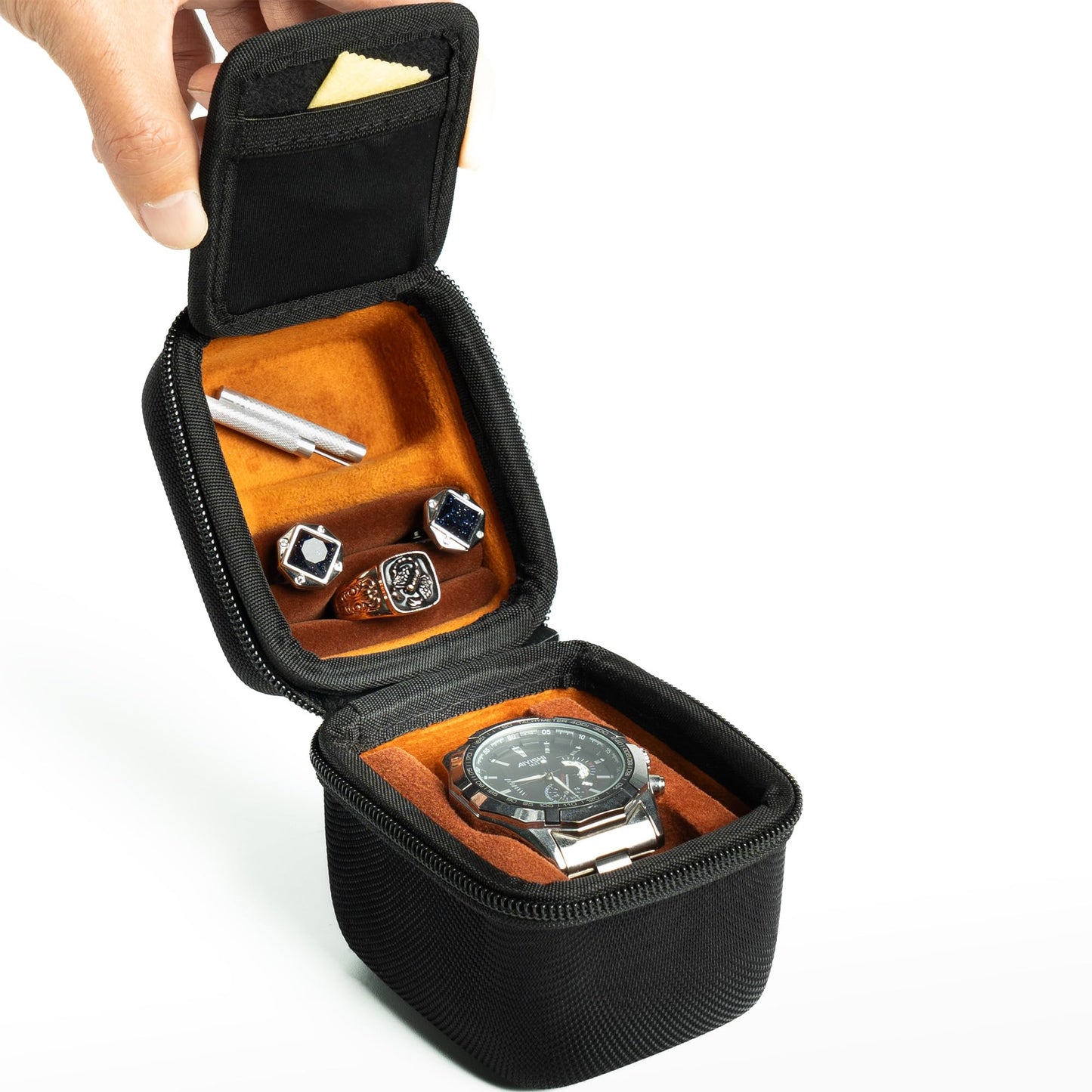 AMZSAFE single watch travel case, hard watch case with/compartment for jewelry organizer, rings bracelet cufflink organization