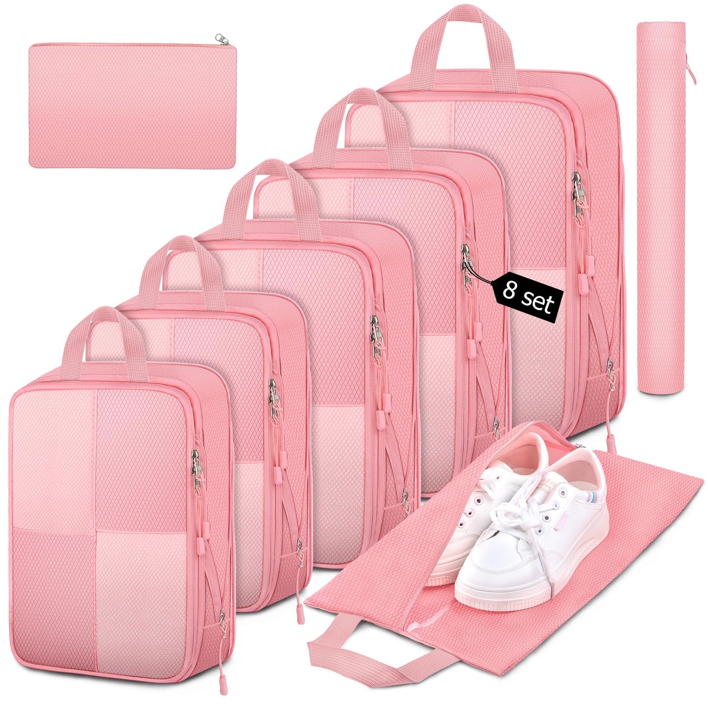 8 Set Compression Packing Cubes Travel, Lightweight Expandable Travel Cubes Suitcase Organizer for Carry On Luggage Suitcase, Pink