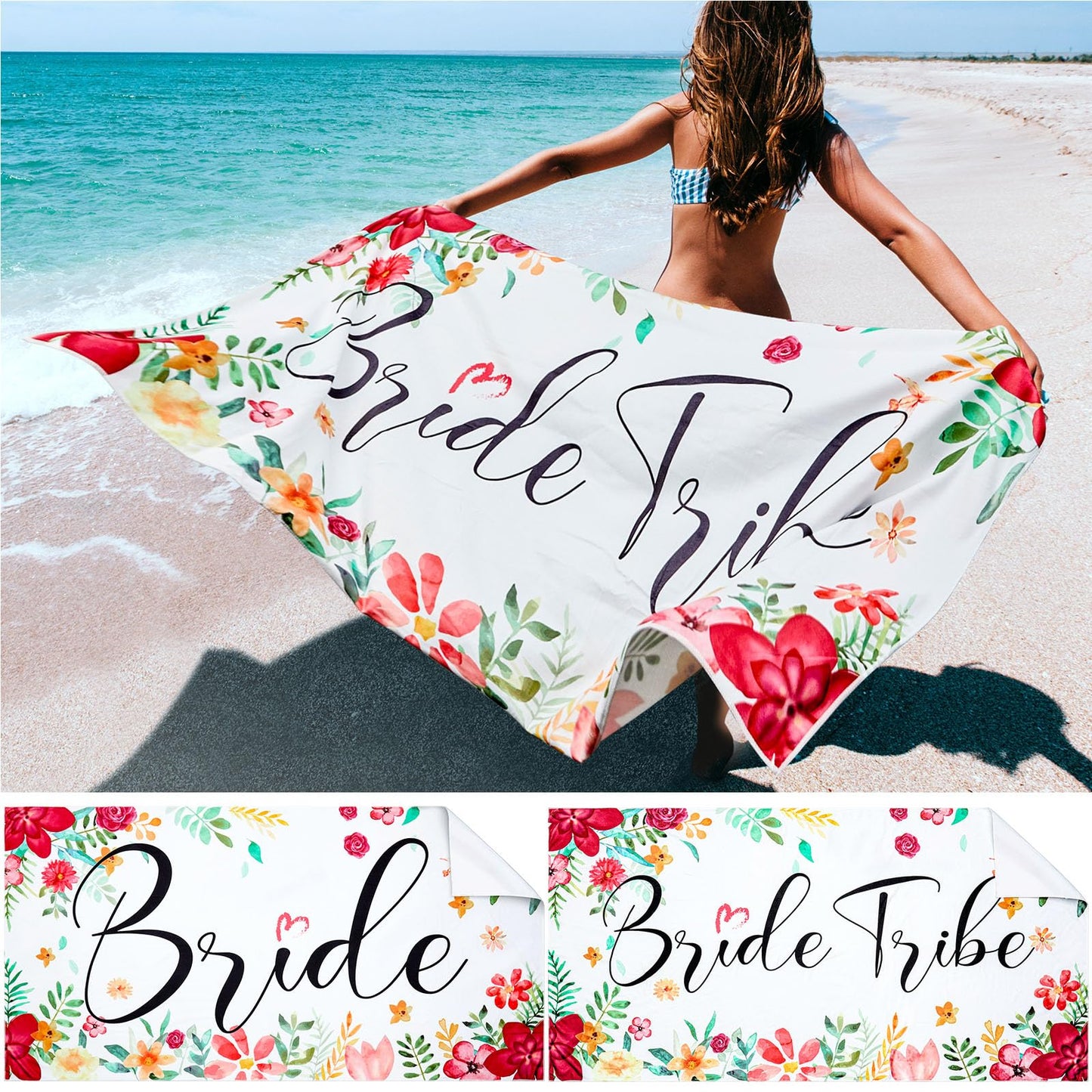 Mixweer 8 Pcs Bride Beach Towel Bridesmaids Beach Towel Set 60 x 30 Inch Bride Tribe Bridesmaid Gift for Wedding Honeymoon Bachelorette Engagement Party