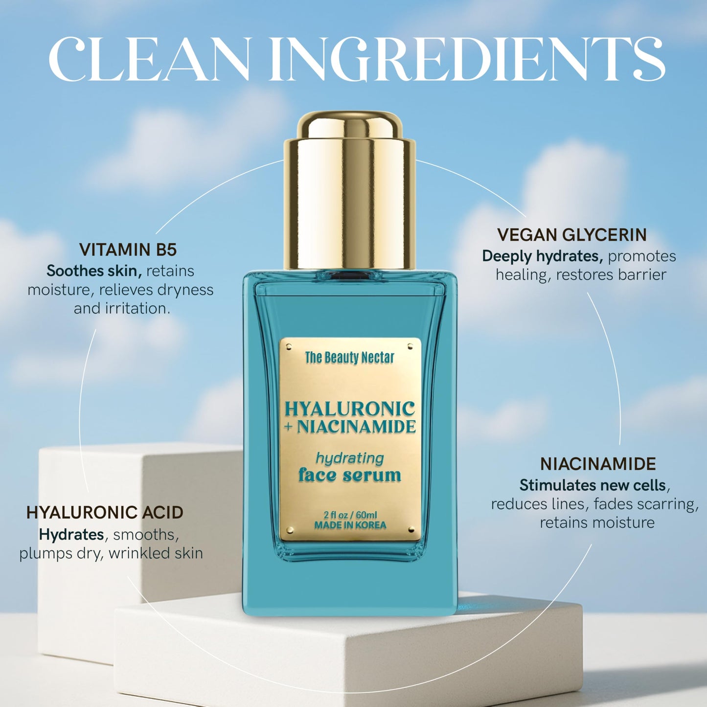 The Beauty Nectar Hyaluronic Acid & Niacinamide Face Serum – Deep Hydration, Skin Barrier Repair, Tone Correcting – Dermatologist Tested, Anti-Aging, Korean Skin Care – Clean Vegan Formula – 2 Fl Oz