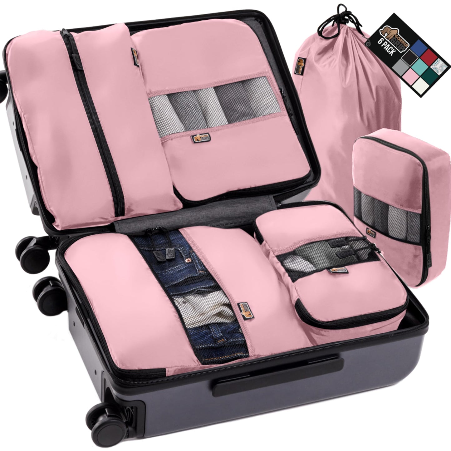 GORILLA GRIP 6 Set Packing Cubes, Travel Essentials for Suitcase, Mesh Organizer Bags for Clothes Toiletries Shoes and Laundry, Luggage and Carry On Airplane Accessories, Traveling Must Haves Pink