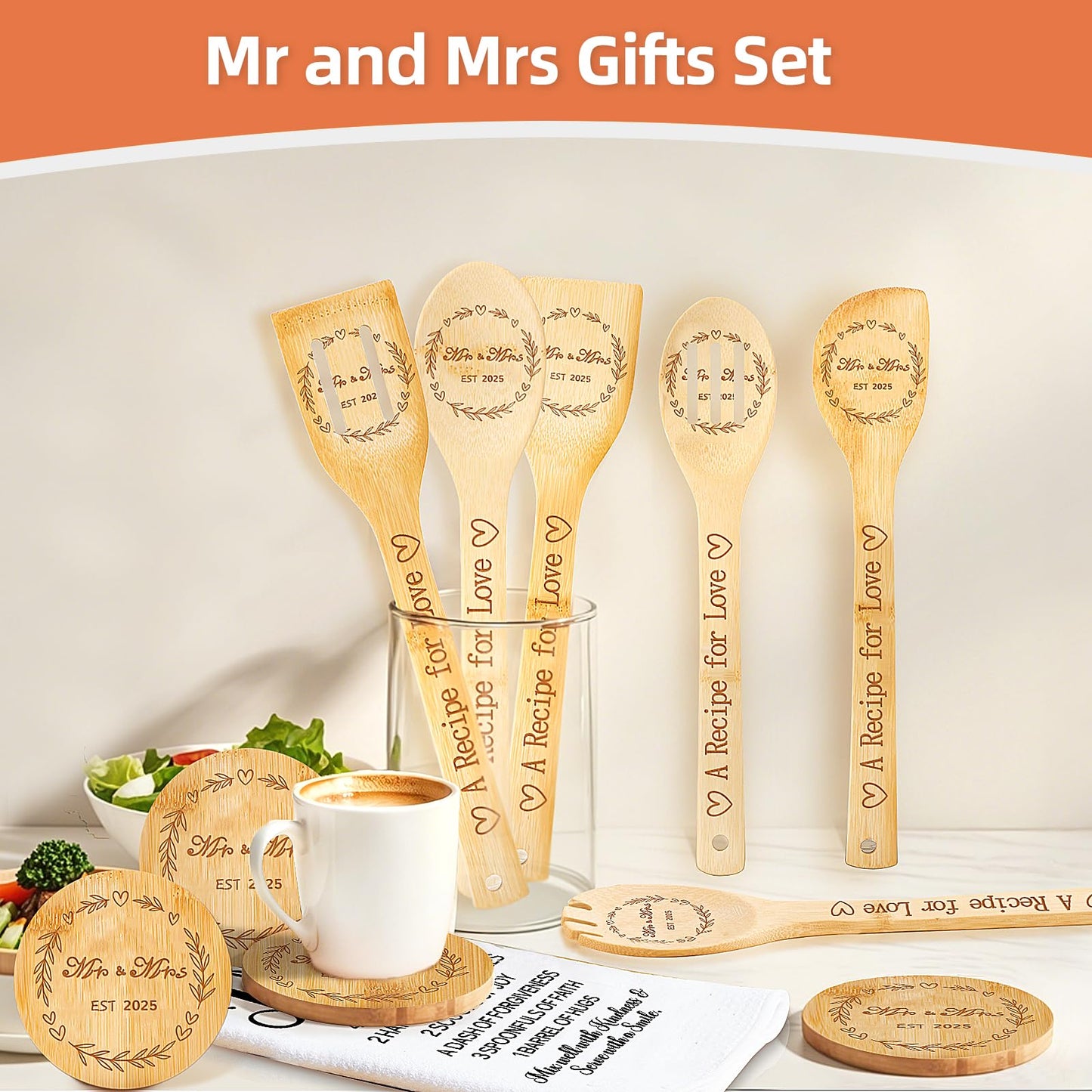 Wedding Gifts for Couples 2025,Mr and Mrs Gifts,Cool Bridal Shower Gifts for Bride to Be,Engagement Gifts for Couples,11PCS Bride Gifts Box with Bamboo Spoons,Coasters,Dish Towel