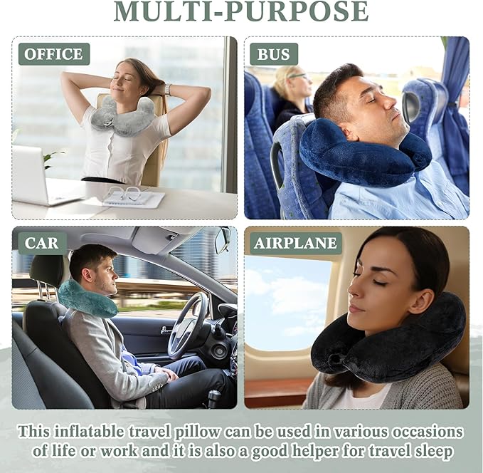 Sintuff 4 Sets Inflatable Travel Pillows for Airplanes with Compact Bag and Blindfold Velvet Inflatable Neck Pillow for Traveling Head Support U Shaped Flight, 12 x 12 x 5.5 Inch(Multi Color)