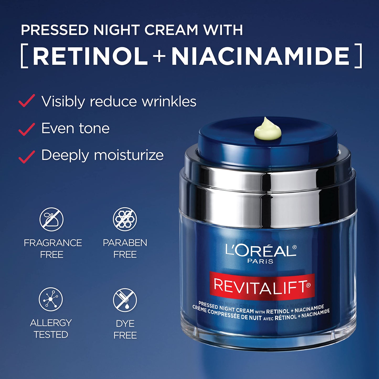 L'Oreal Paris Revitalift Pressed Night Cream, Retinol + Niacinamide, Reduces Wrinkles, Fragrance Free, 1.7 oz + Serum Sample