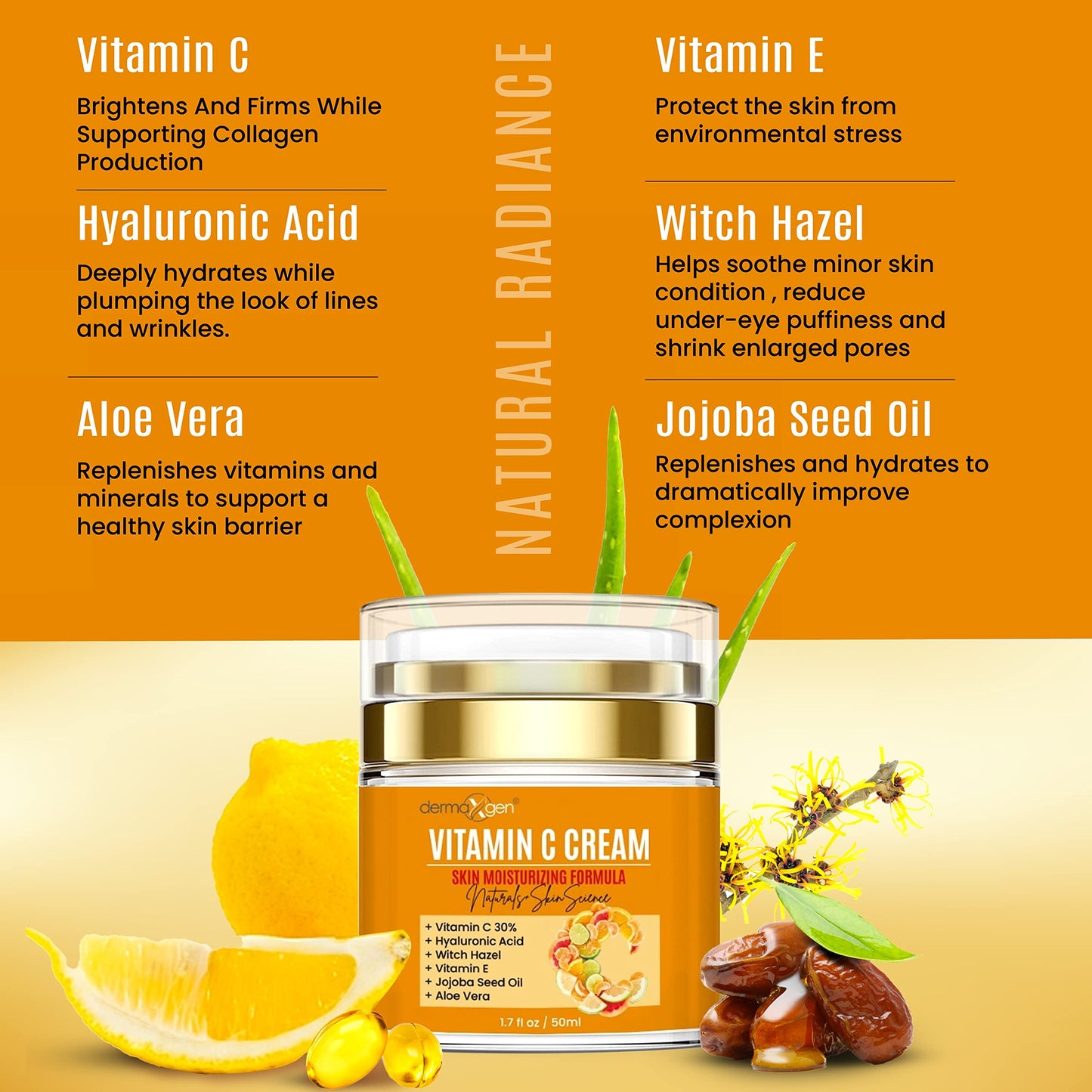 DERMAXGEN Organic Vitamin C Cream for Face - Deep Hydration Vitamin C Face Moisturizer with Hyaluronic Acid and Vitamins C & E - Anti-Aging Formula to Reduce Wrinkles and Fine Lines - 1.7 Fl Oz