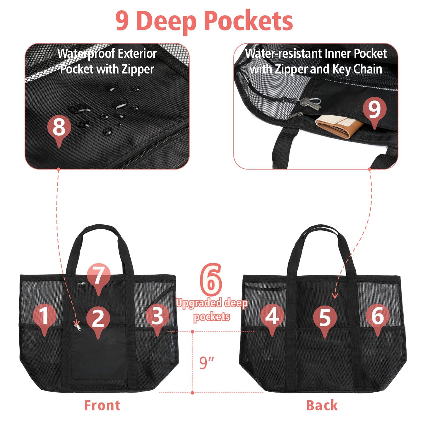 F-color Foldable XL Mesh Beach Bag, 9-Pockets Lightweight Beach Bag for Women with Bottom Waterproof-Sandproof for Pool Travel Grocery Black