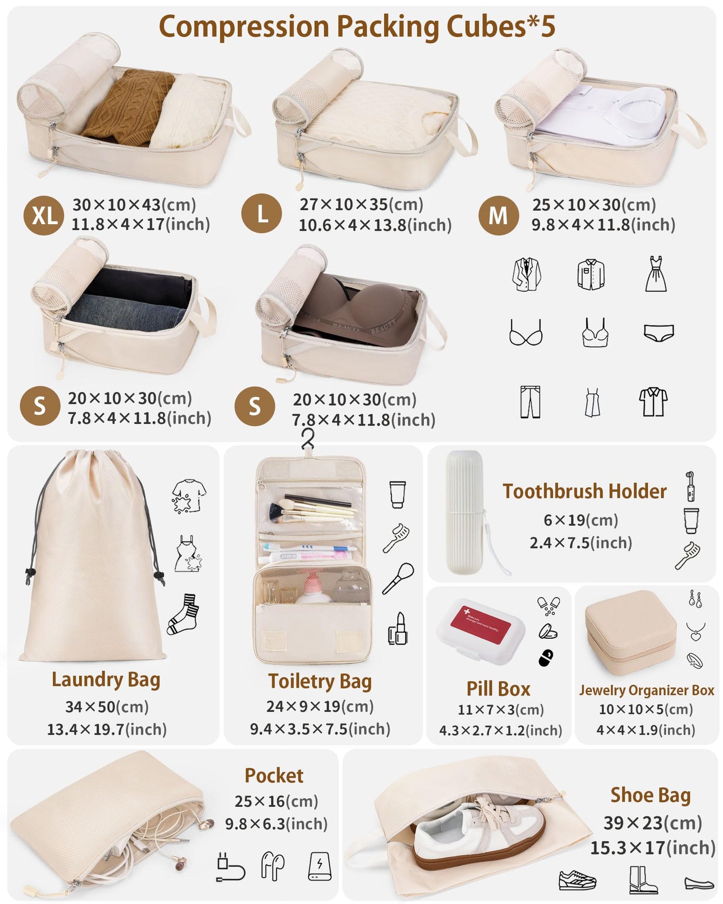 Compression Packing Cubes 12 Set, Suitcase Organizers, Extendable Packing Cubes, Luggage Organizer Bags, Travel Essentials, Beige