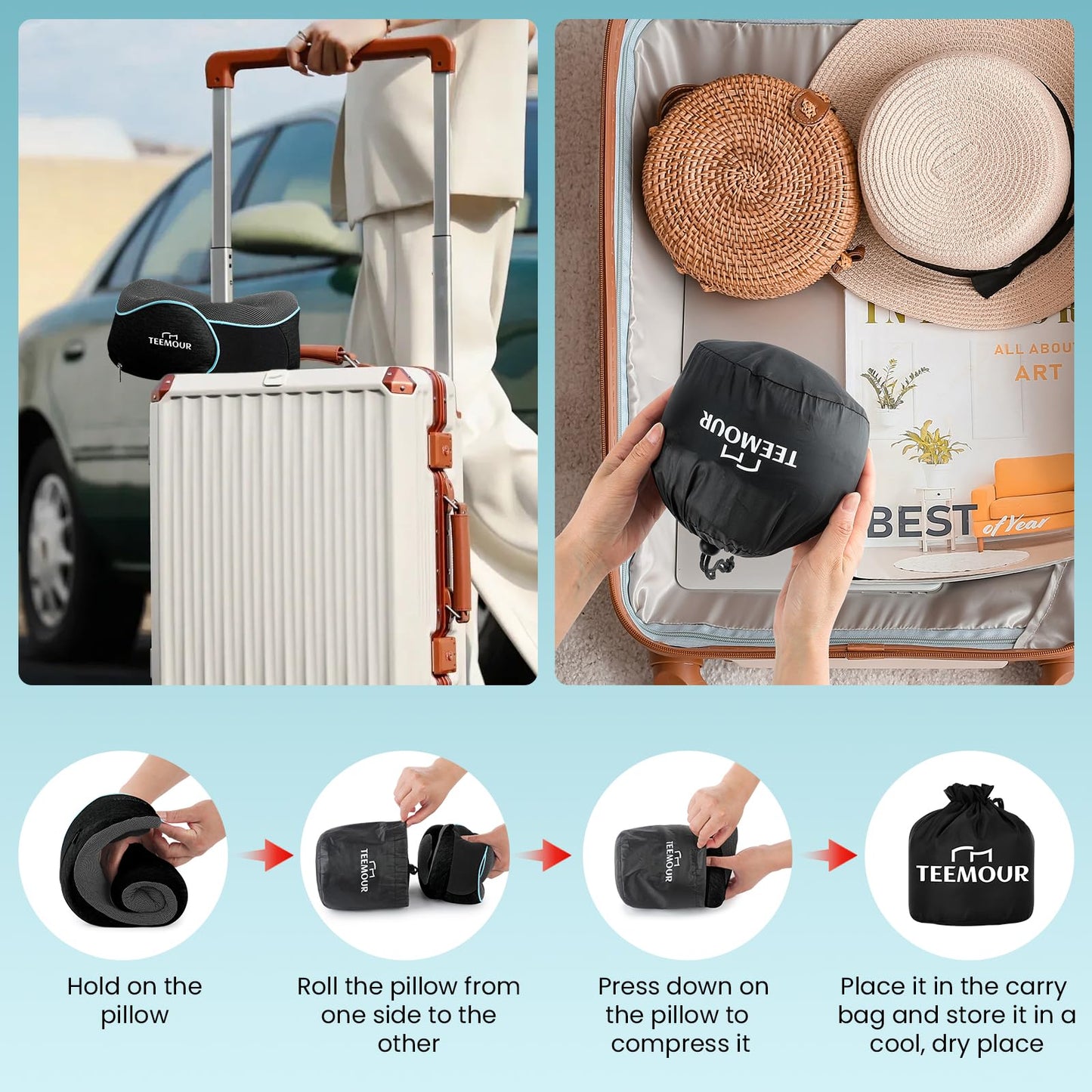 Upgraded Neck Pillow for Airplane Travel - 360° Support Stops Head Bobbing, Memory Foam Travel Pillow With Eye Mask & Earplugs, Portable Carry Bag for Long Flights/Car| Best Airplane Accessories Black