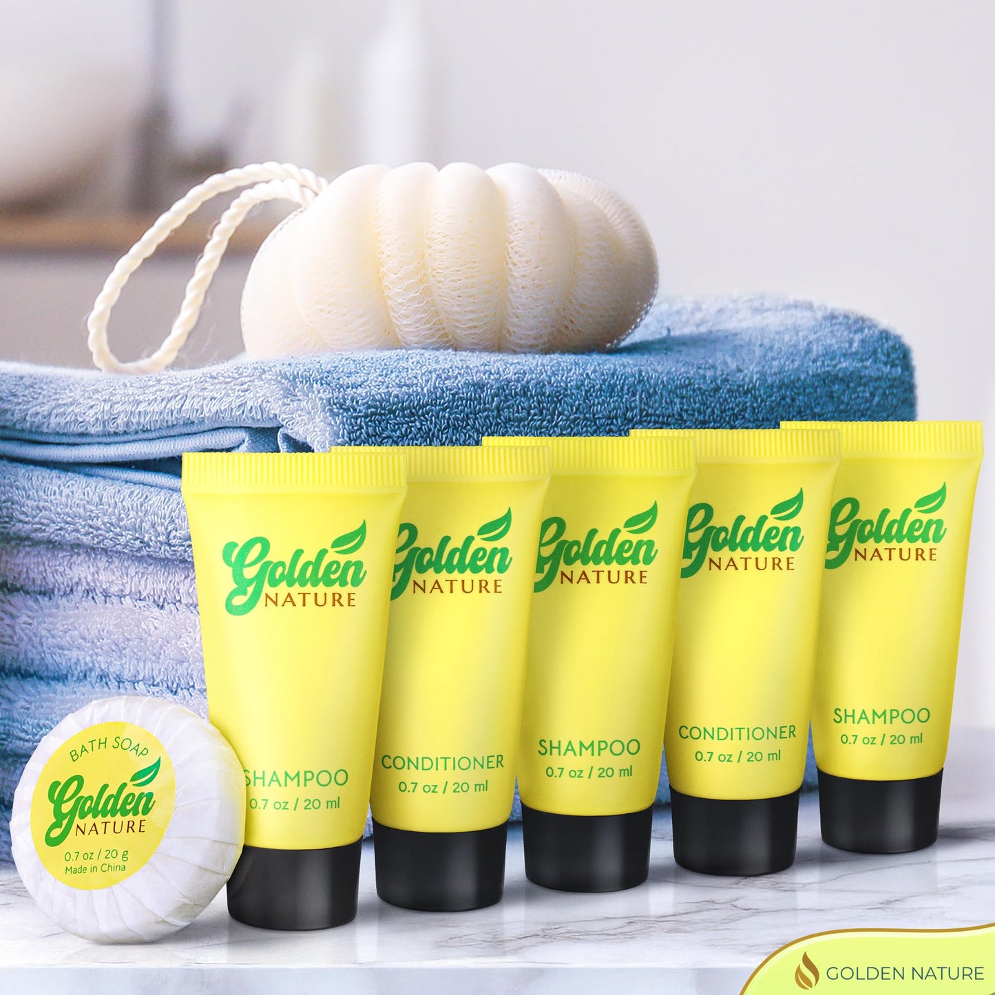 Golden Nature - Travel Size Soap, Shampoo & Conditioner Set - Jasmine, 0.7 oz each, 150 Pcs - 3-Piece Kit: 50 Round Bar Soap, 50 Shampoo & 50 Conditioner - Bulk Small Size Luxury Toiletries