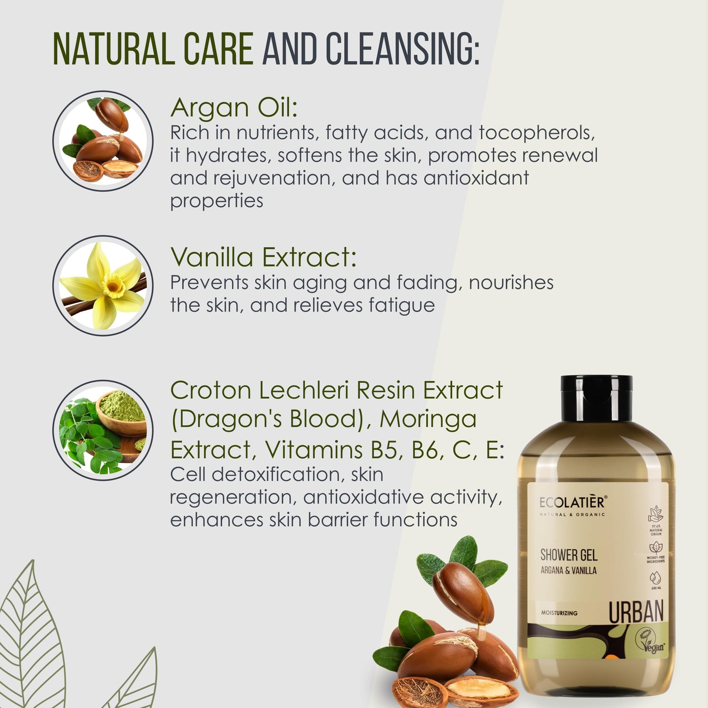 ECOLATIÈR Vanilla Body Wash with Organic Argan Oil - Moisturizing Natural Body Wash for Women & Men, 97.5% Natural Ingredients, Vegan, Hydrating & Antioxidant Care for Soft, Smooth Skin, 20.3 Fl Oz