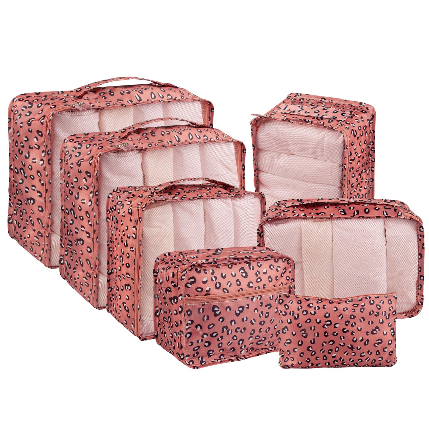 Vercord 7 Set Travel Packing Organizers Cubes Luggage Suitcase Organizer Bags Clothes Underwear Cube Shoe Pouch Pack Pink Leopard